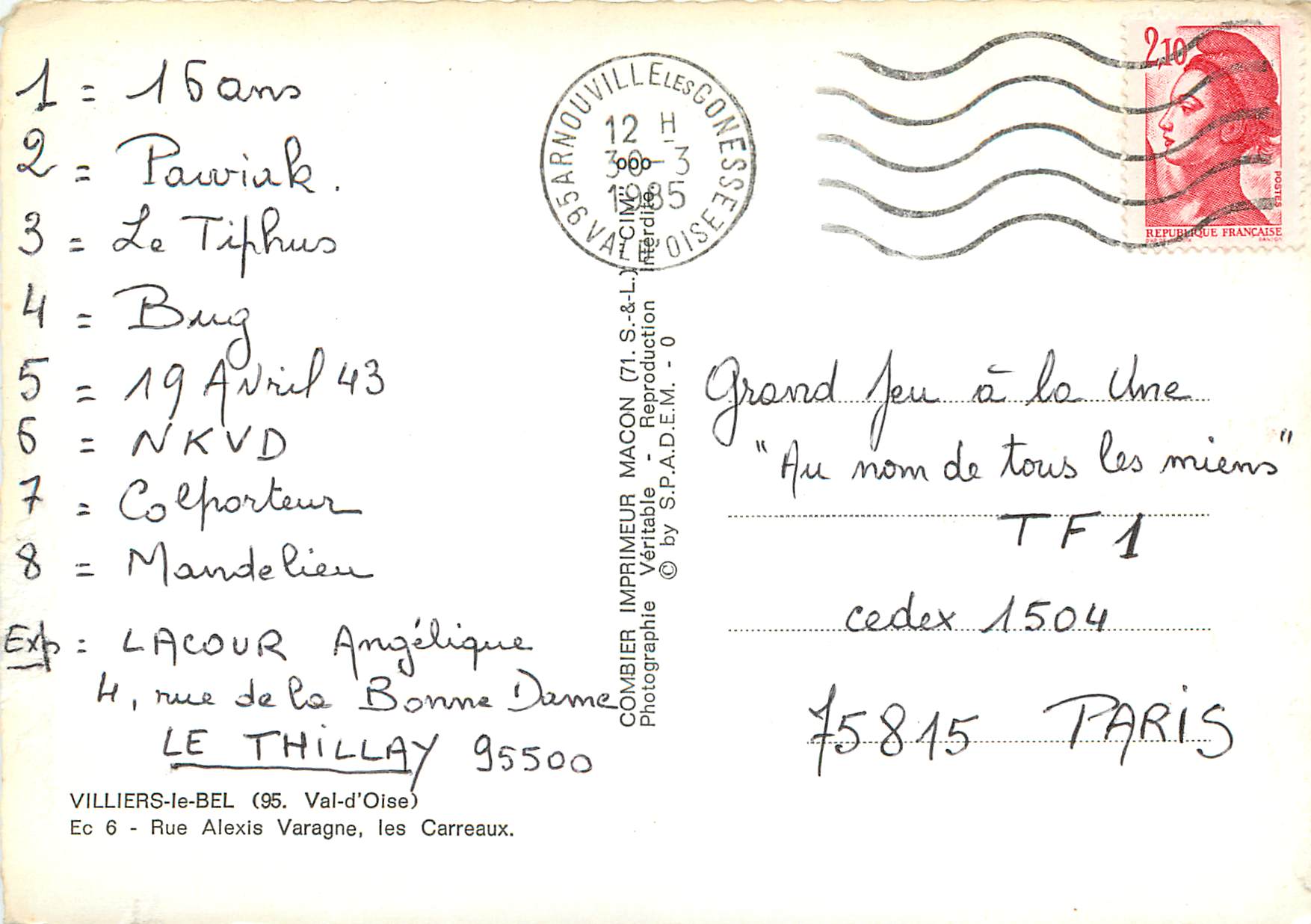 CPM Villiers le Bel (Val-d'Oise) Rue Alexis Varagne le Carreaux — Rückseite