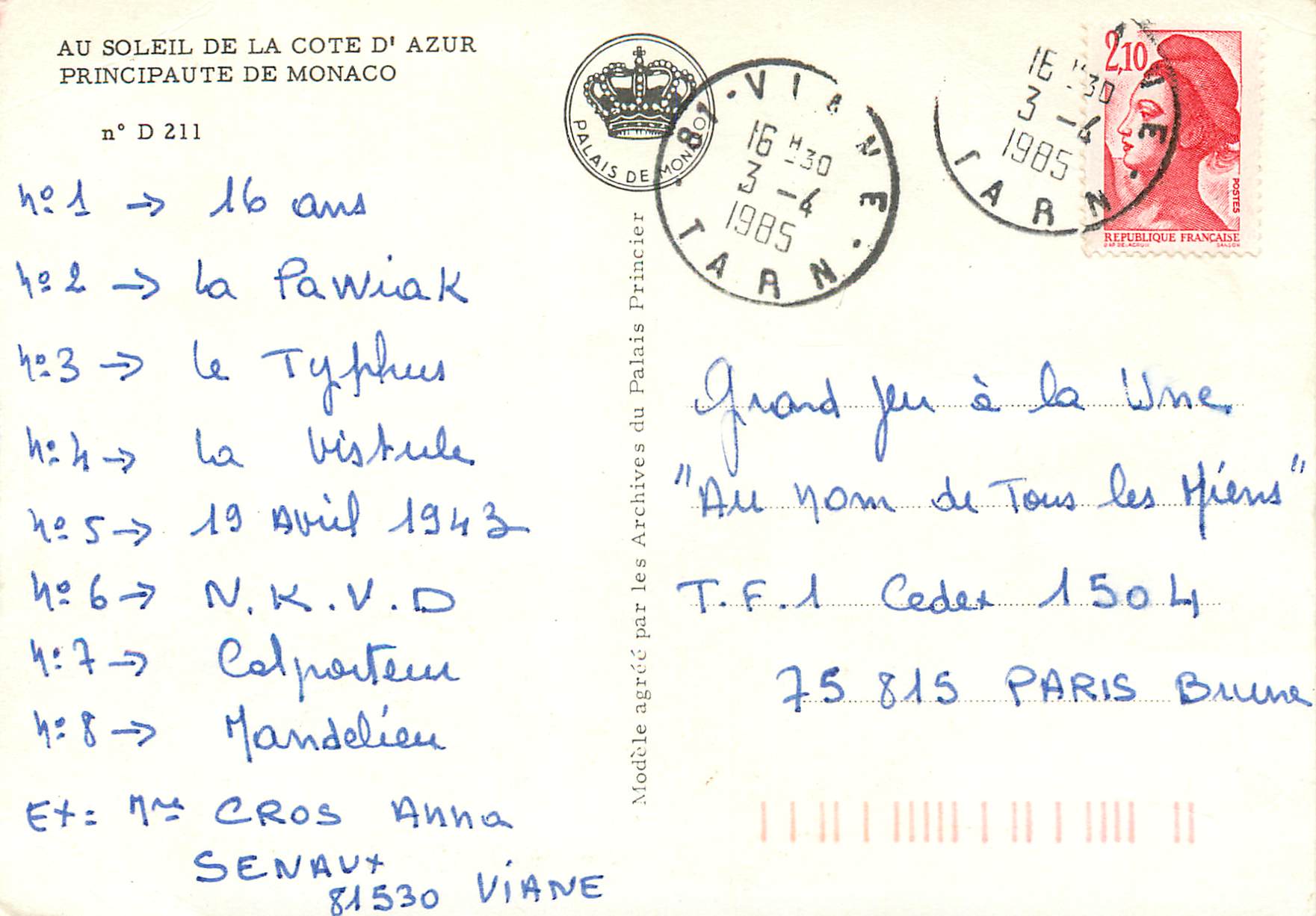 CPM La Cote d'Azur Principaute de Monaco — Verso