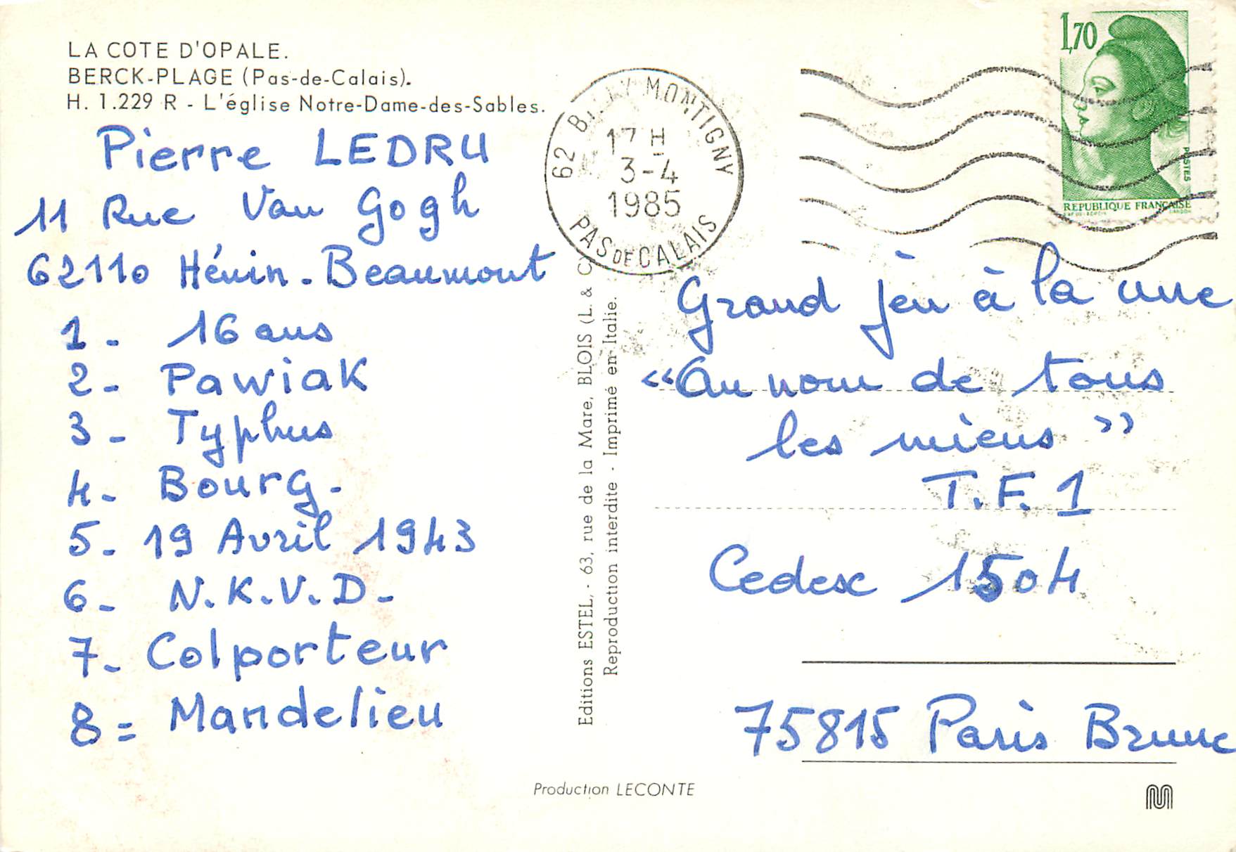 CPM La cote d'Opale Berck Plage (Pas-de-Calais) L'eglise Notre-Dame-des-Sables — Rückseite