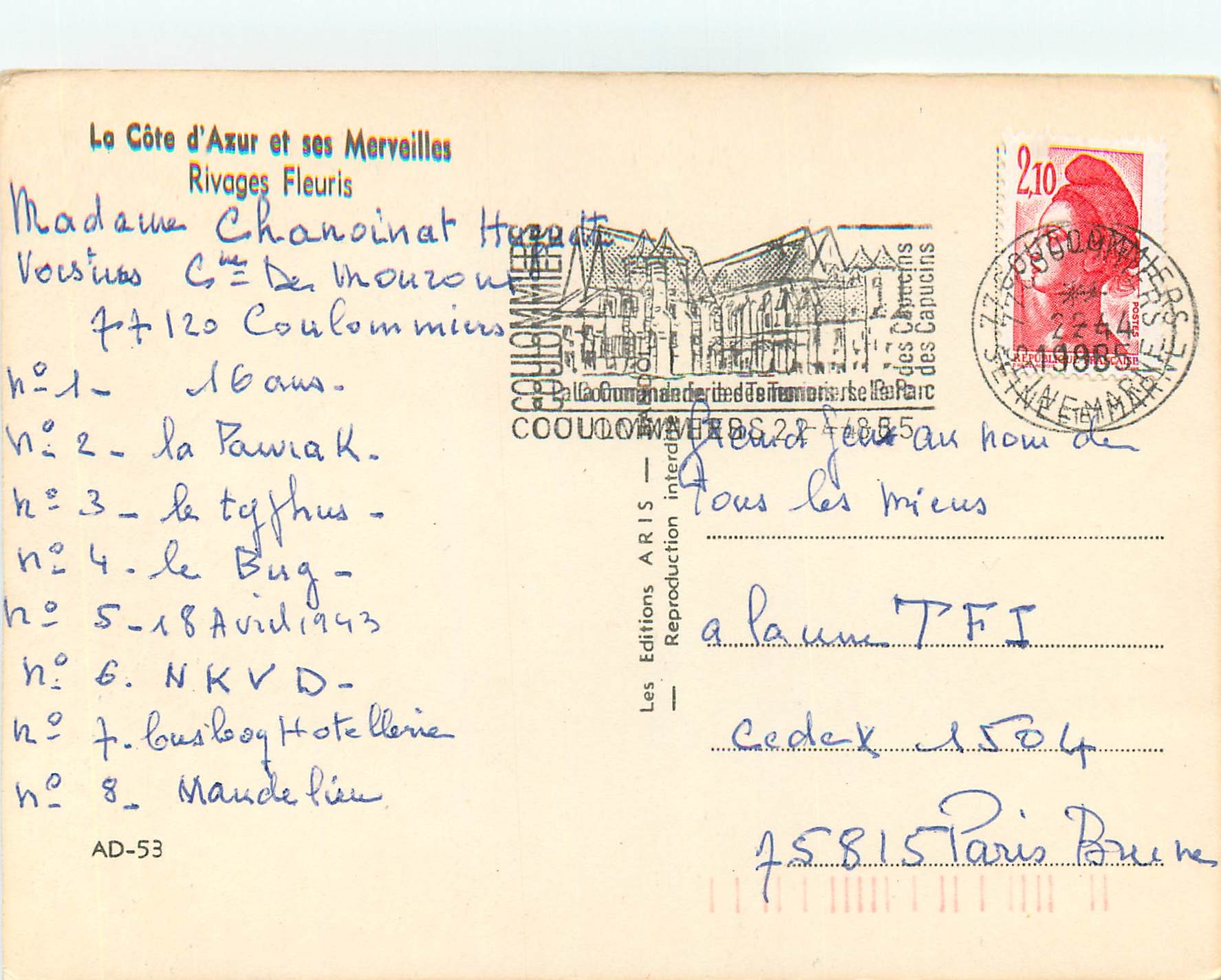 CPM La Cote d'Azur et ses Mervielles Rivages Fleuris — Verso