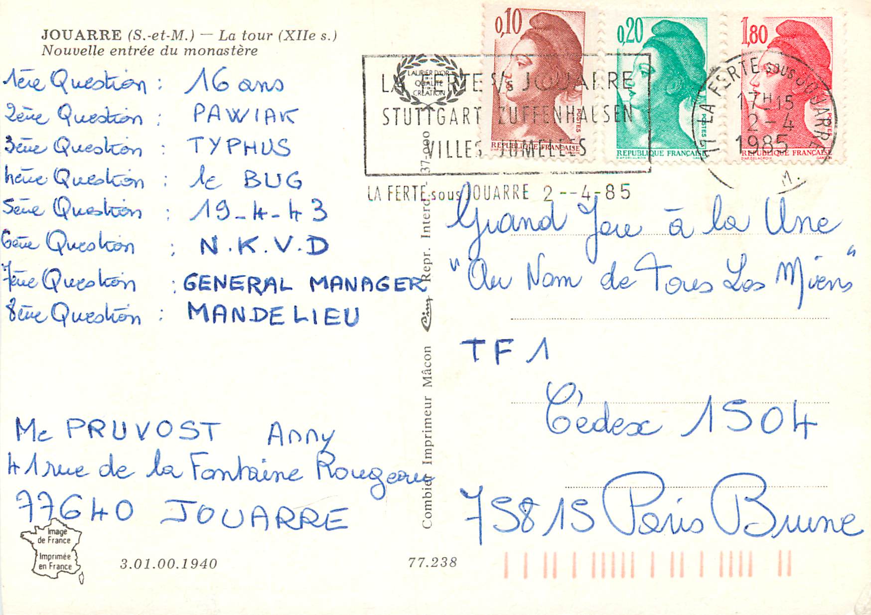 Jouarre (S.-et-M.) — La tour (XIIe s.) — Nouvelle entrée du monastère — Verso