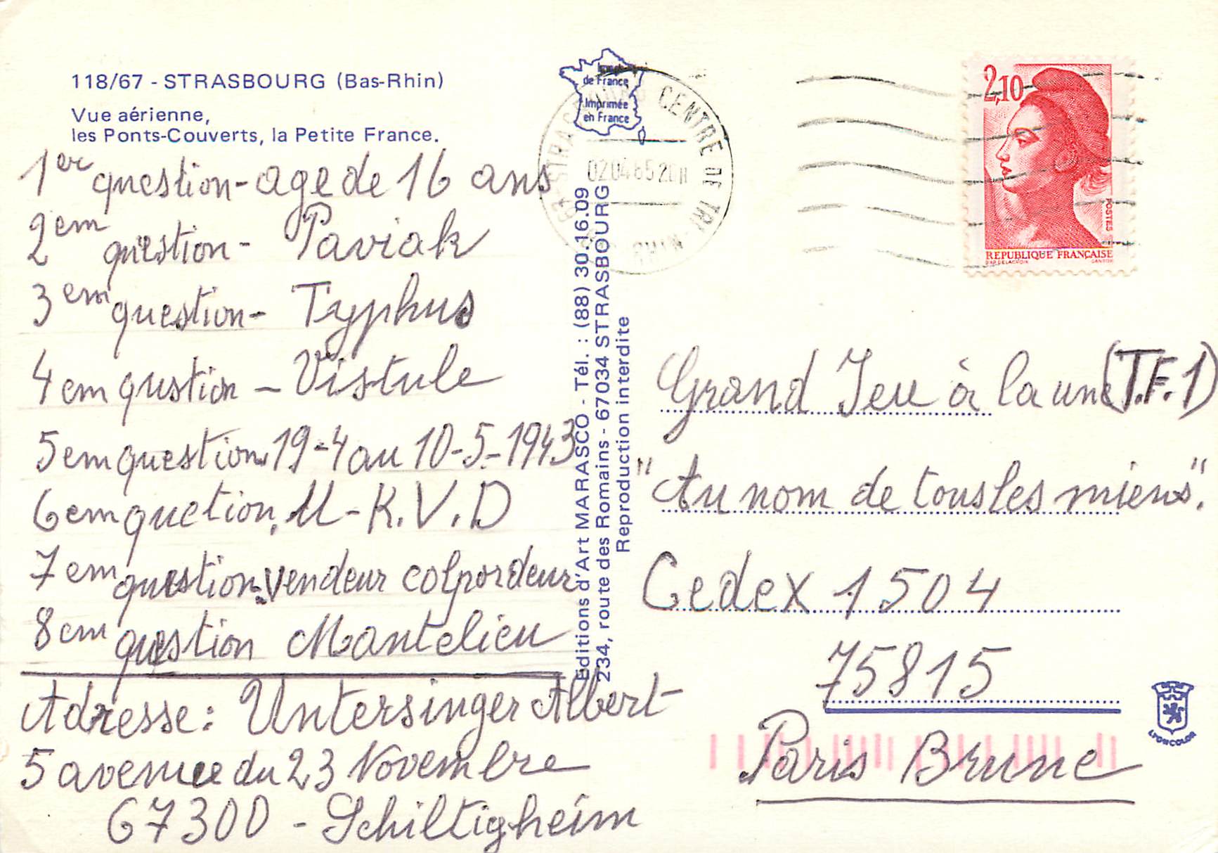 CPM Strasbourg (Bas-Rhin) Vue aerienne — Back