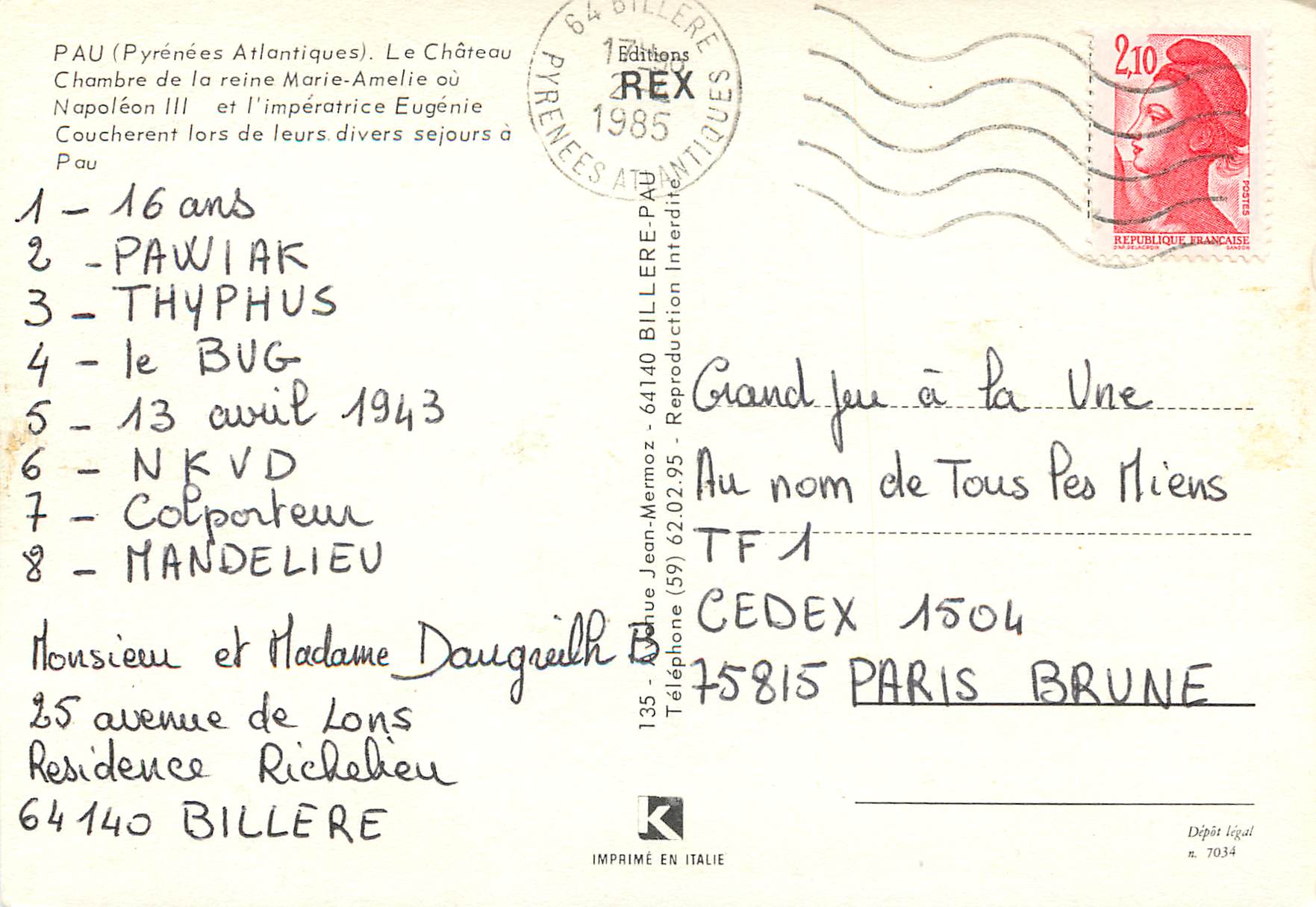 CPM Pau (Pyrenees Atlantiques) Le Chateau — Rückseite