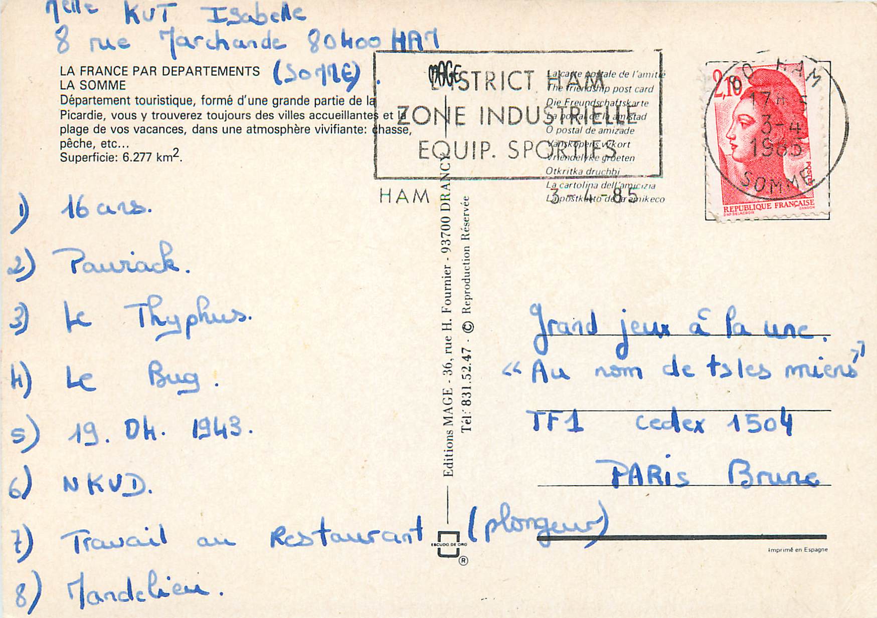 CPM La Somme Departement touristique — Back