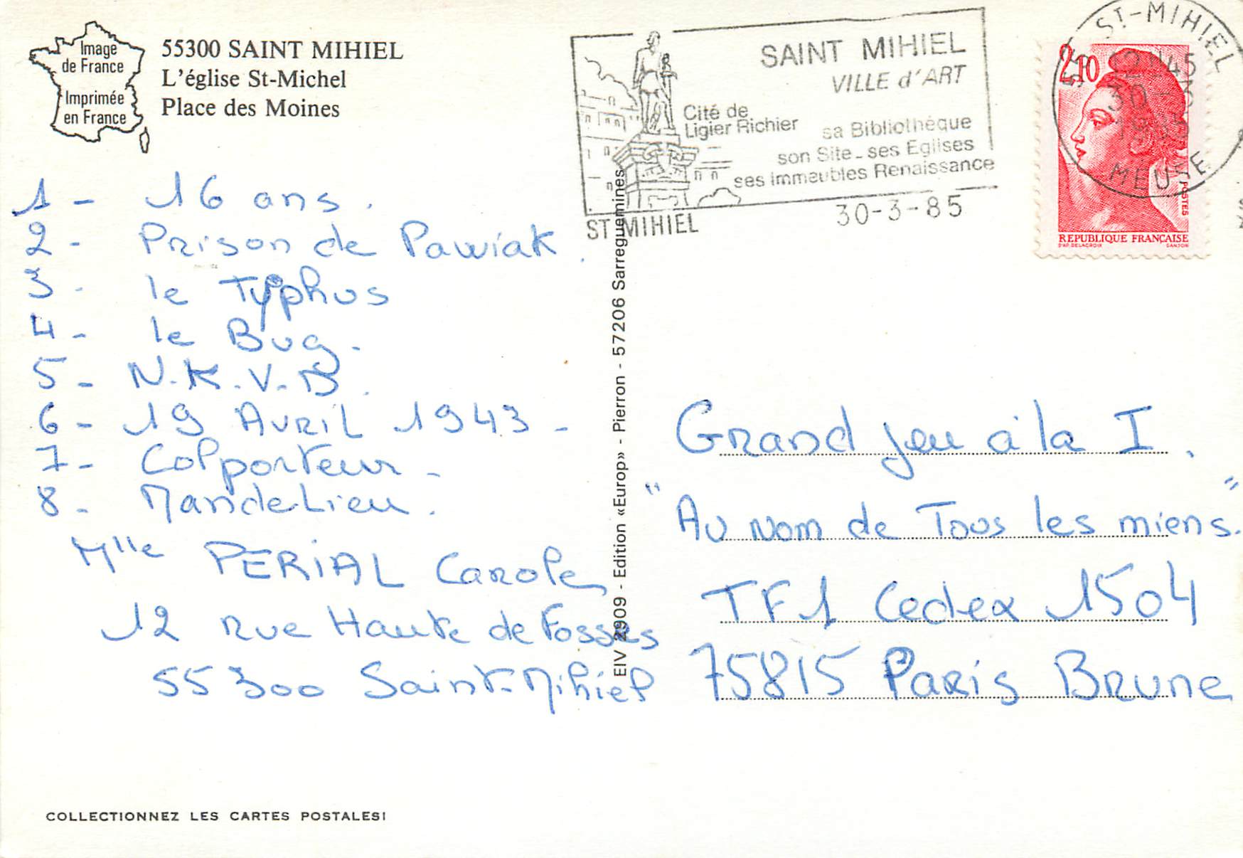 CPM Saint Mihiel L'eglise St-Michel Place des Moines — Verso