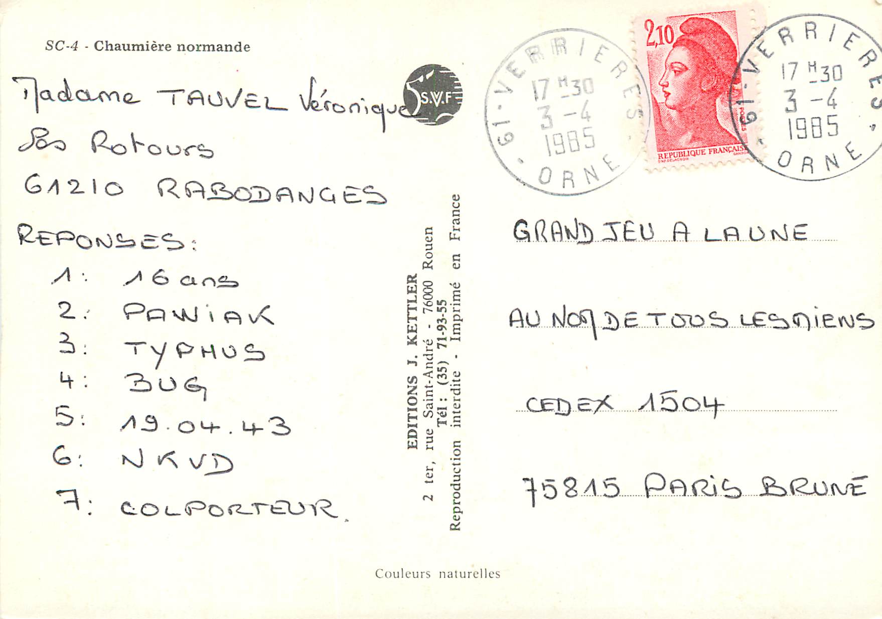CPM Chaumiere normande — Verso