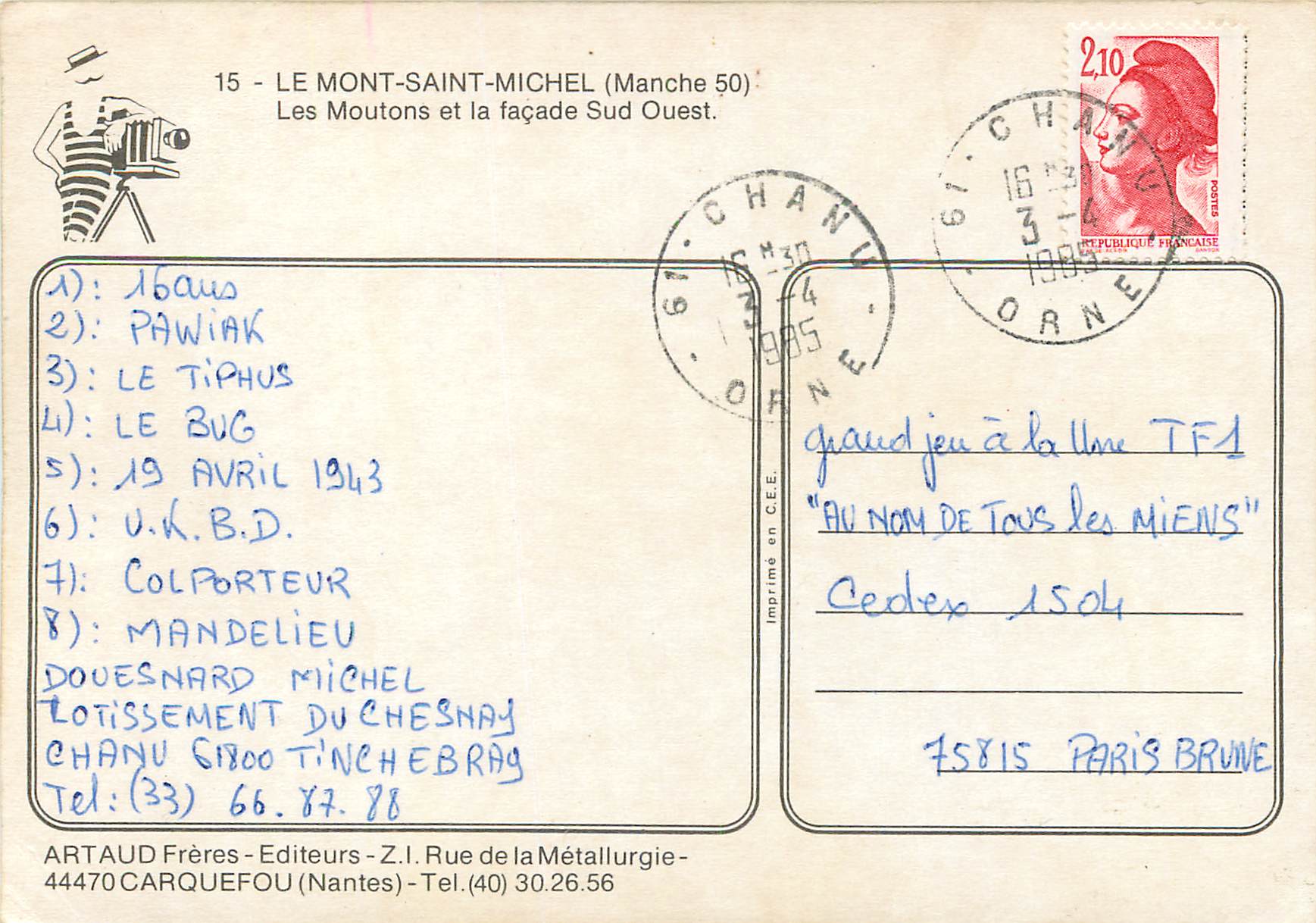 Mont-Saint-Michel — Les Moutons et la façade Sud Ouest — Artaud Frères - Z.I. Rue de la Métallurgie - 44470 Carquefou (Nantes) — Verso