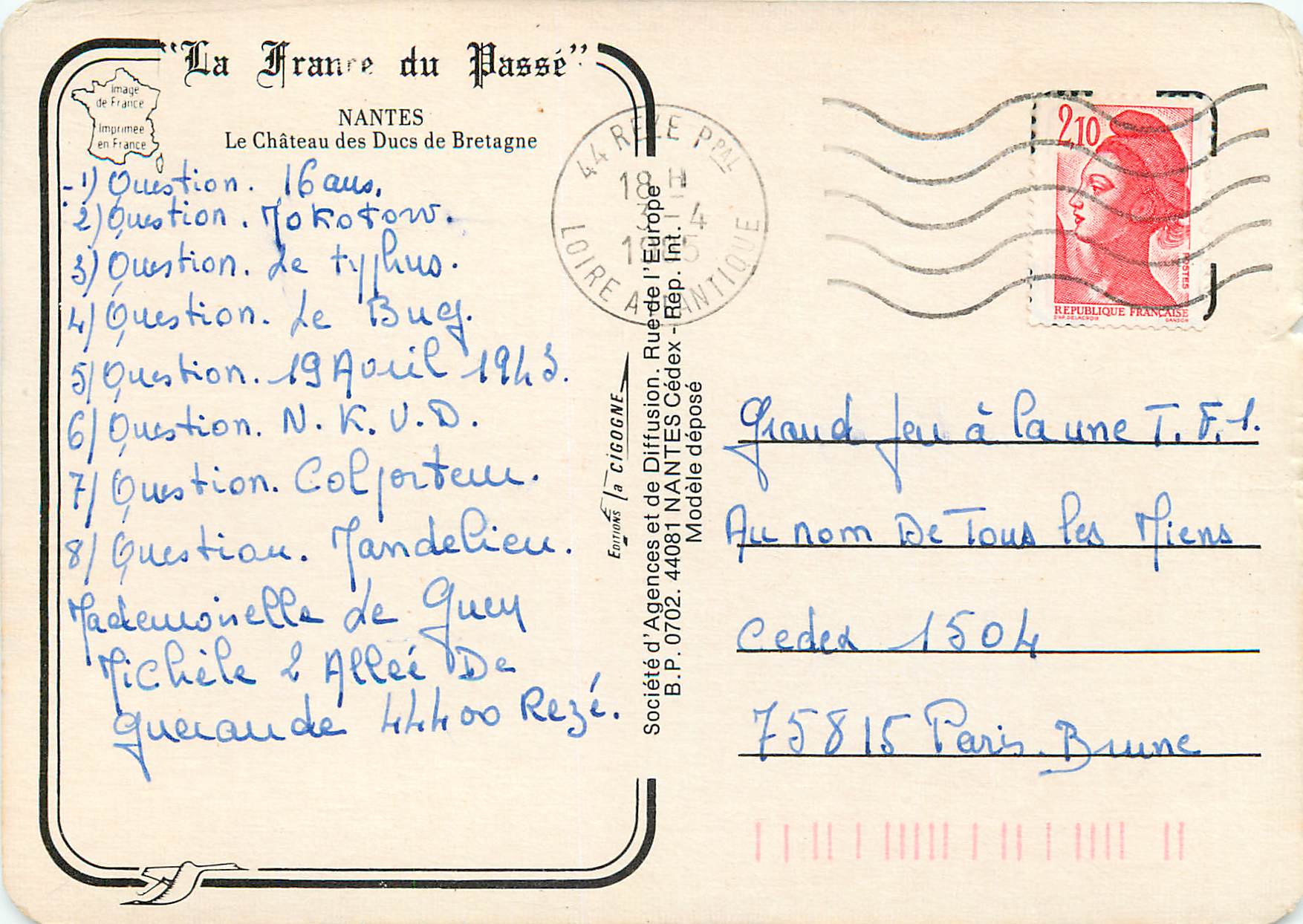 CPM Nantes Le Chateau des Ducs de Bretagne Train — Rückseite