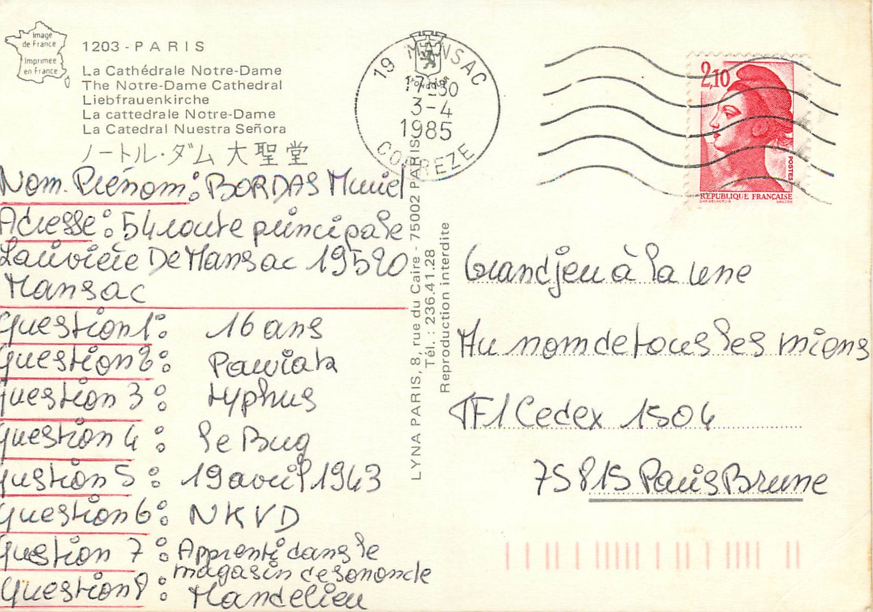CPM Paris La Cathedrale Notre Dame — Rückseite
