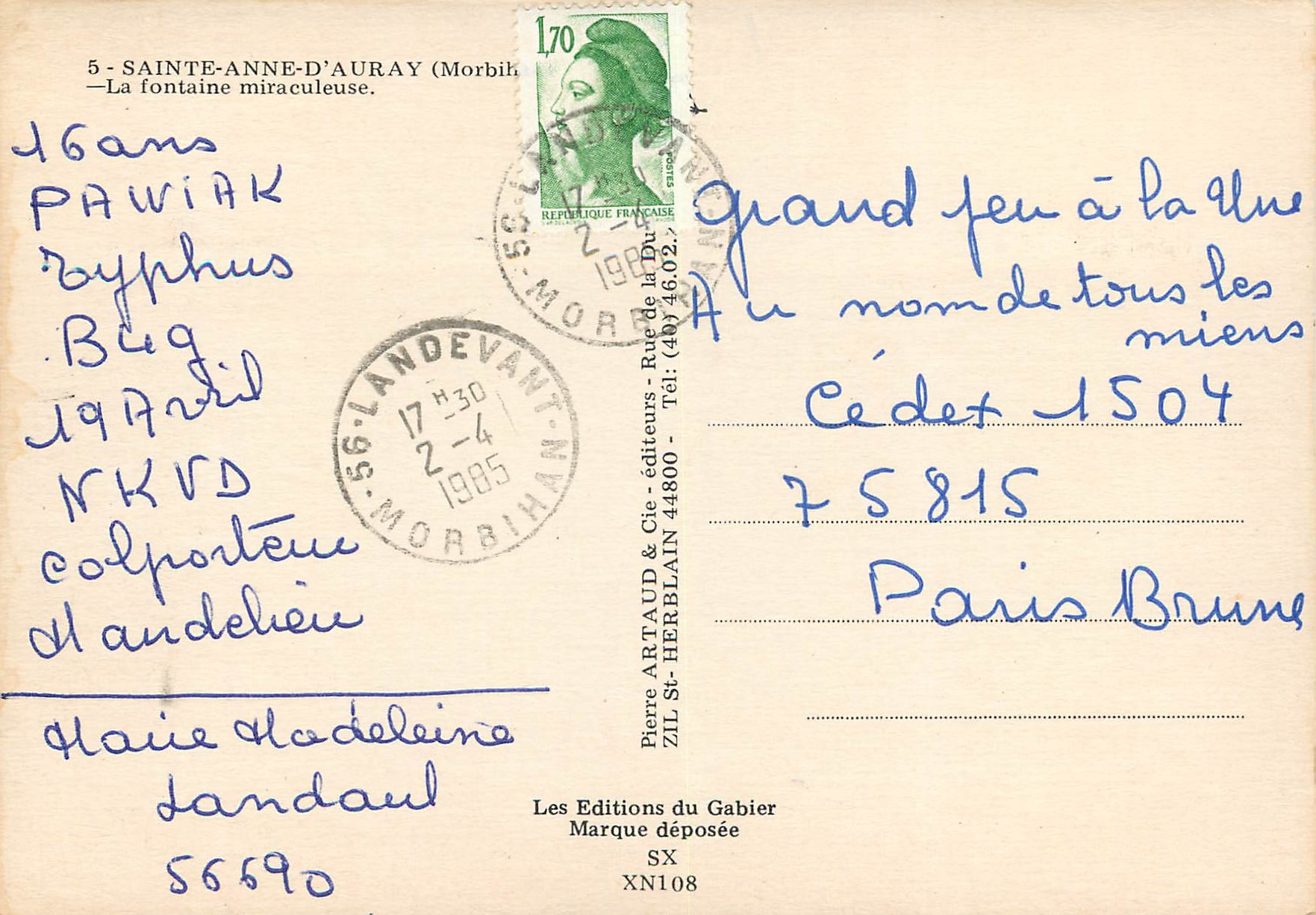 CPM Sainte Anne D'Auray La Fontaine miraculeuse — Verso