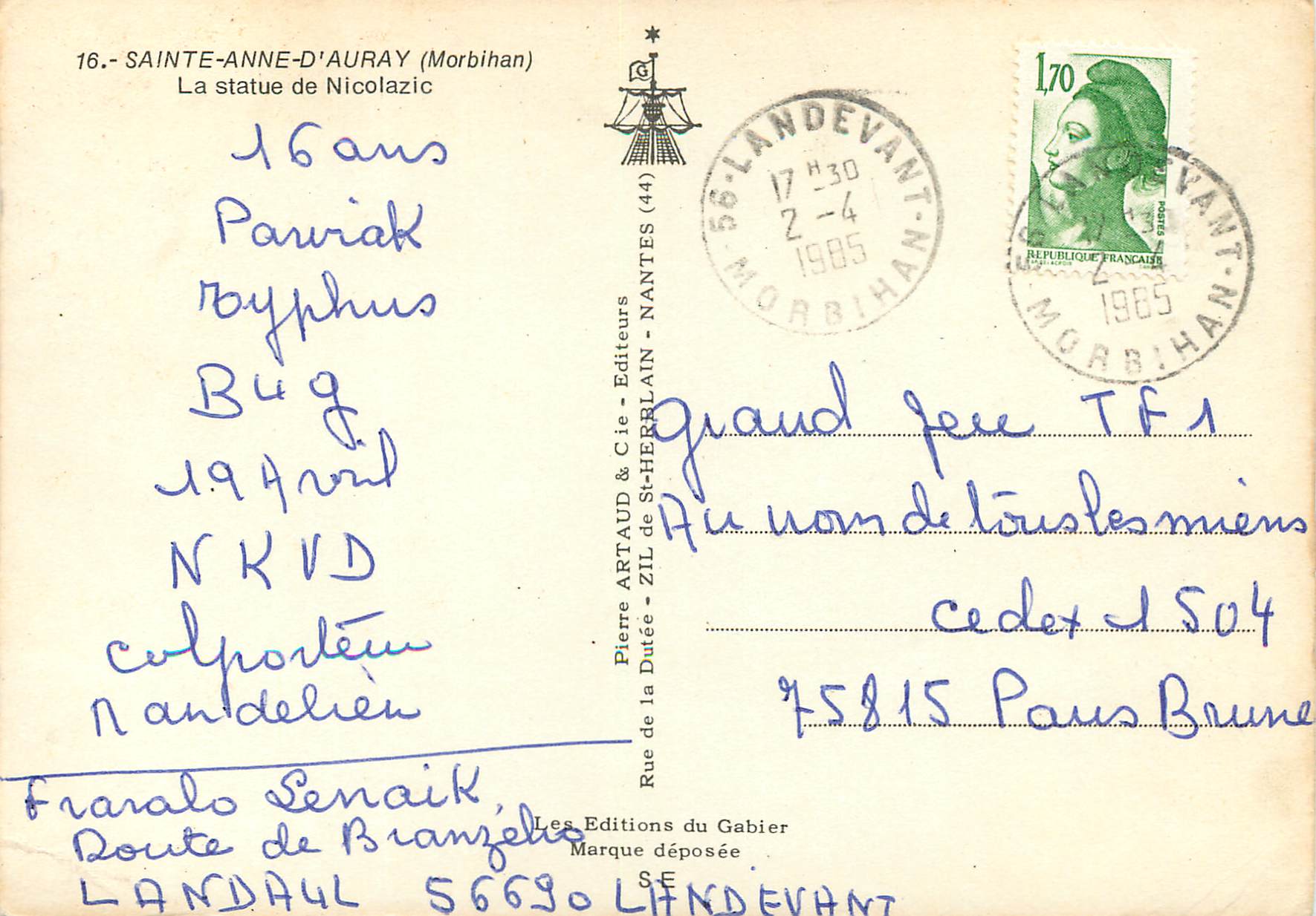 CPM Sainte Anne D'Auray (Morbihan) La Statue de Nicolazic — Verso