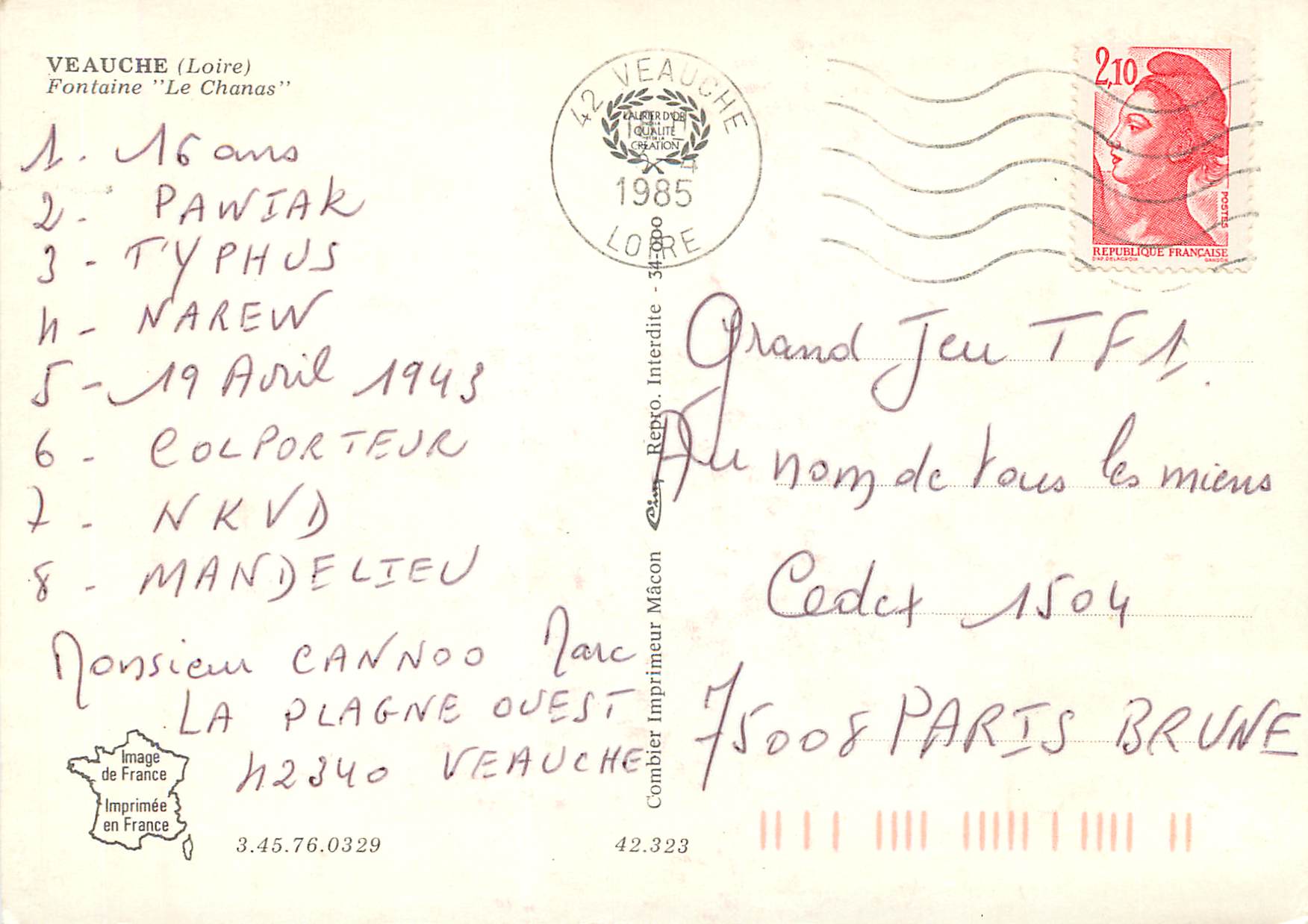 CPM Veauche (Loire) Fontaine Le Chanas — Back