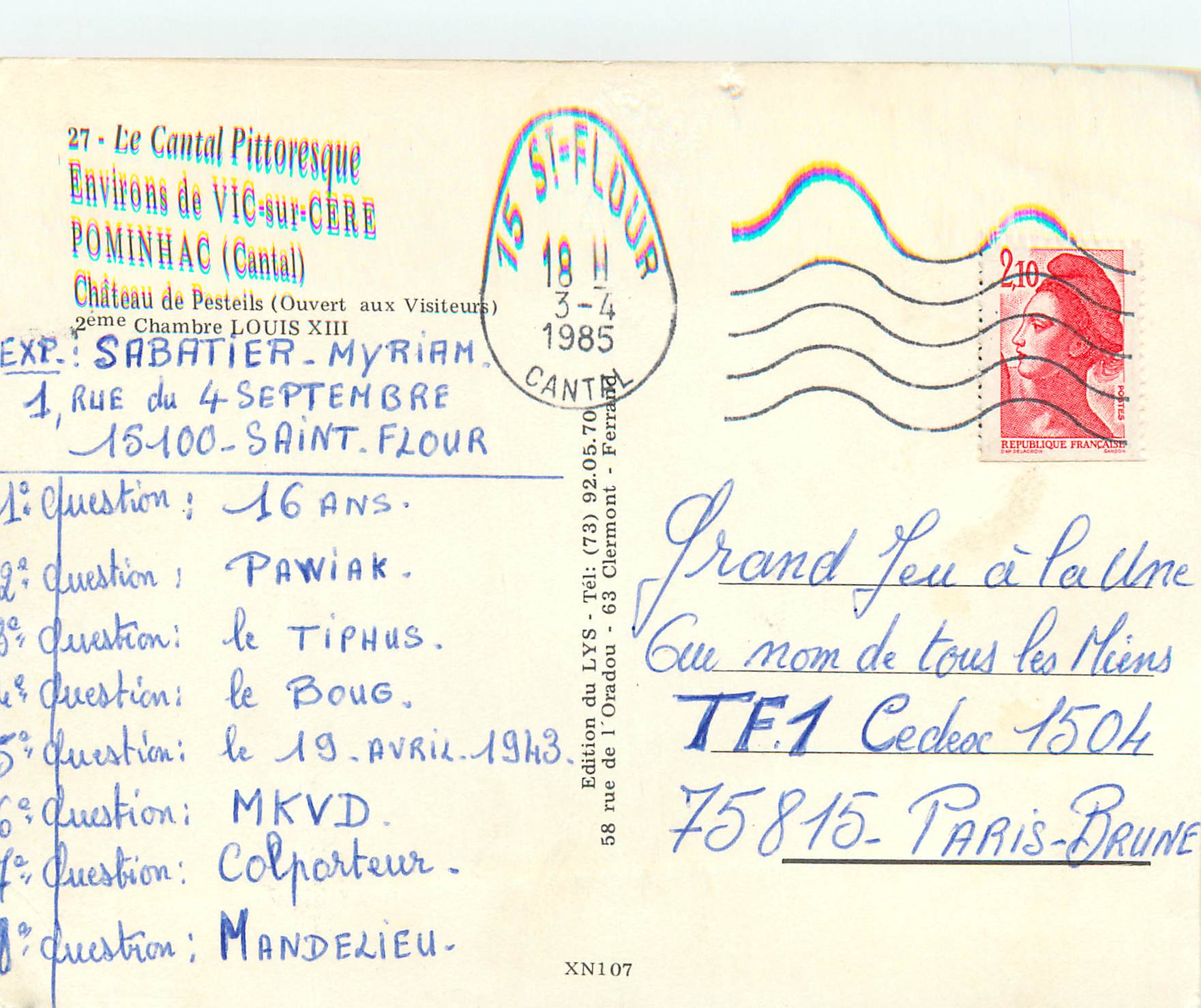 CPM Le Cantal Pittoresque Environs de Vic-sur-Cere Pominhac Château de Pesteils — Rückseite