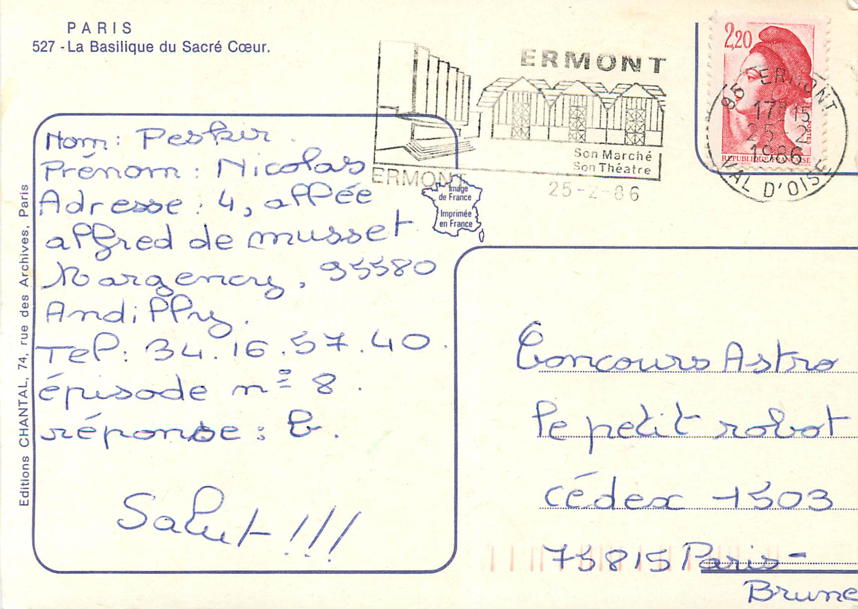 CPM Paris La Baislique du Sacre Coeur — Rückseite