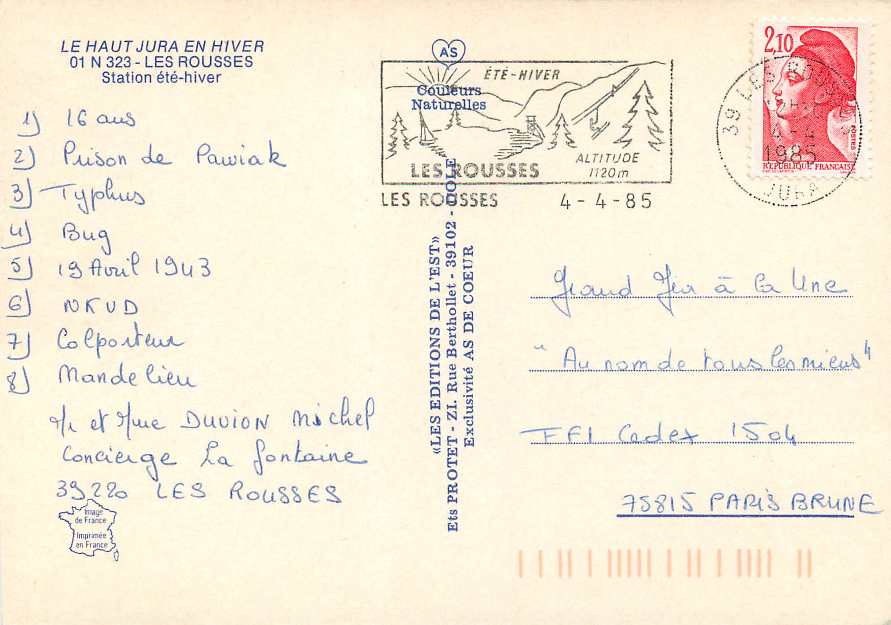CPM Le Haut Jura en Hiver Les Rousses Station ete hiver — Back