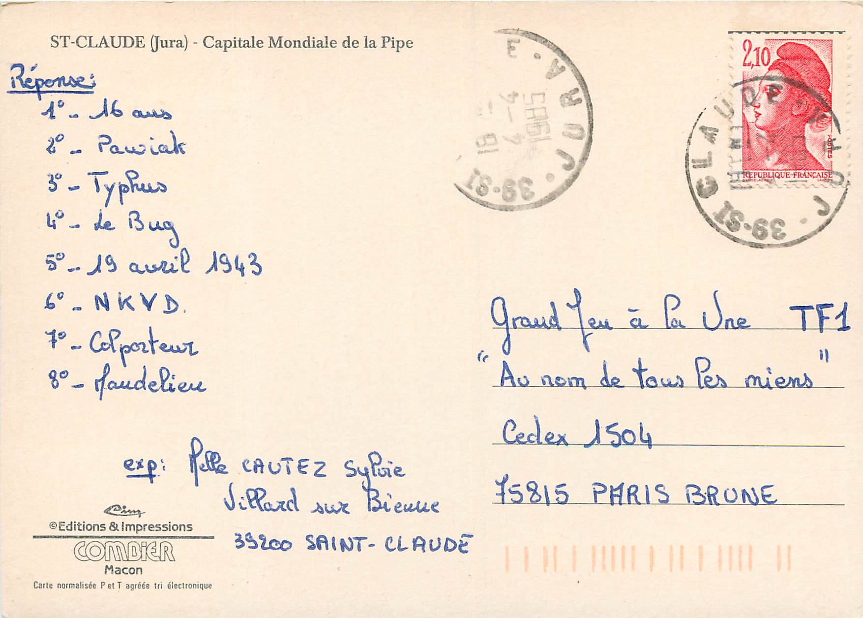 CPM St Claude (Jura) Capitale Mondiale de la Pipe Tabac — Rückseite