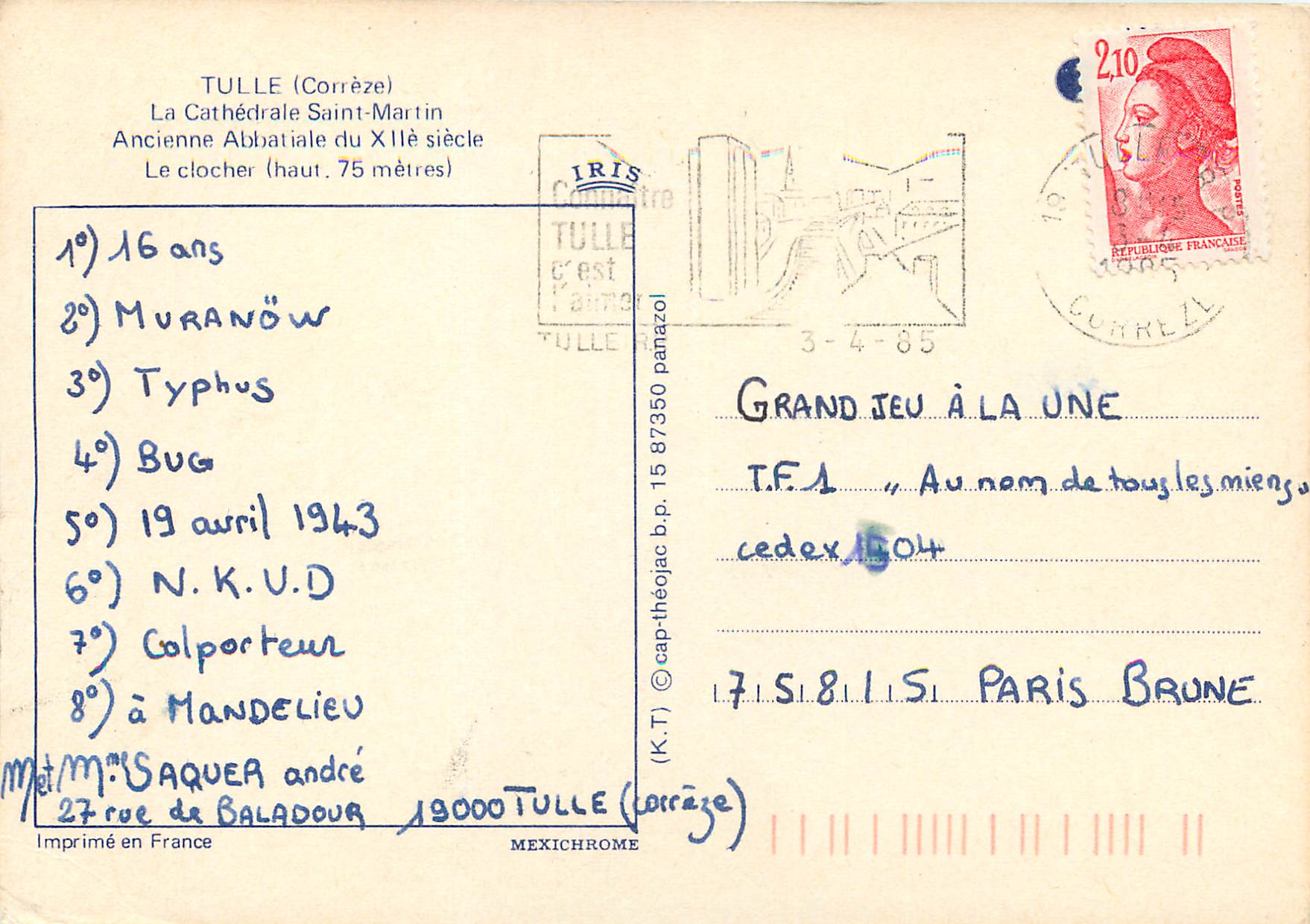 CPM Tulle (Correze) La Cathedrale Saint-Martin — Rückseite