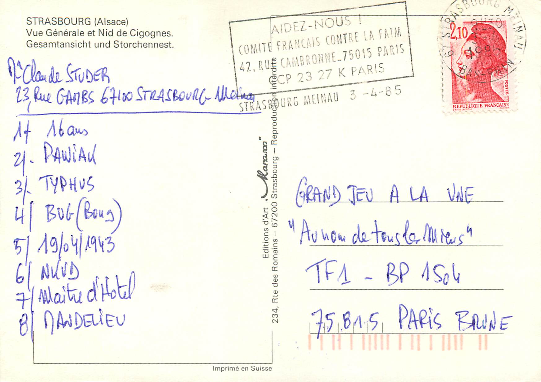 Strasbourg (Alsace) — Vue Générale et Nid de Cigognes — Éditions des Romains — Rückseite