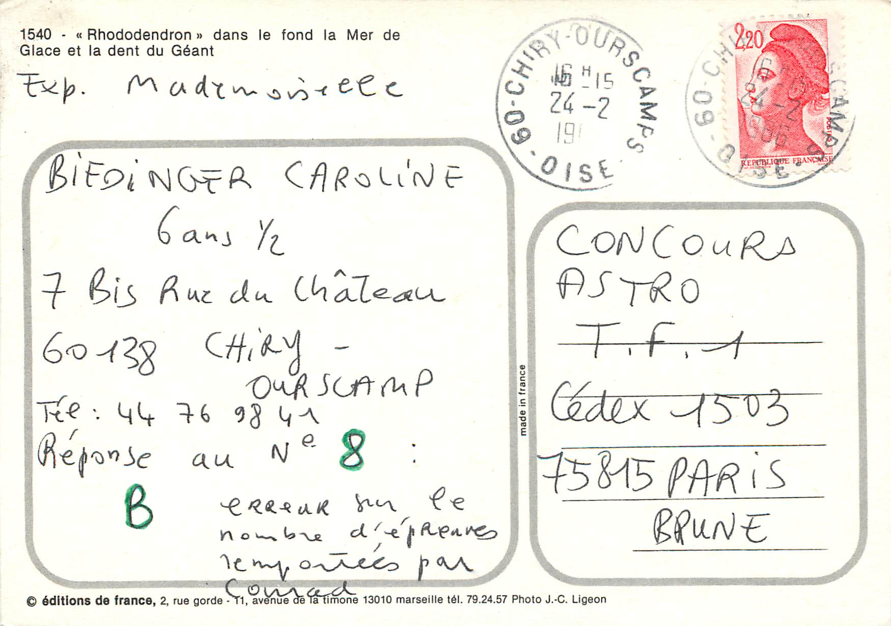 CPM Rhododendron dans le fond la Mer de Glace et la dent du Geant — Verso