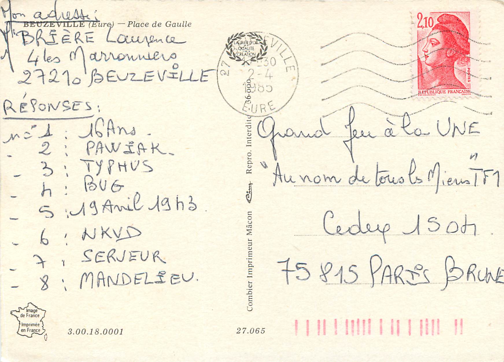 CPM Beuzeville (Eure) Place de Gaulle Auberge du cochon d'or — Rückseite