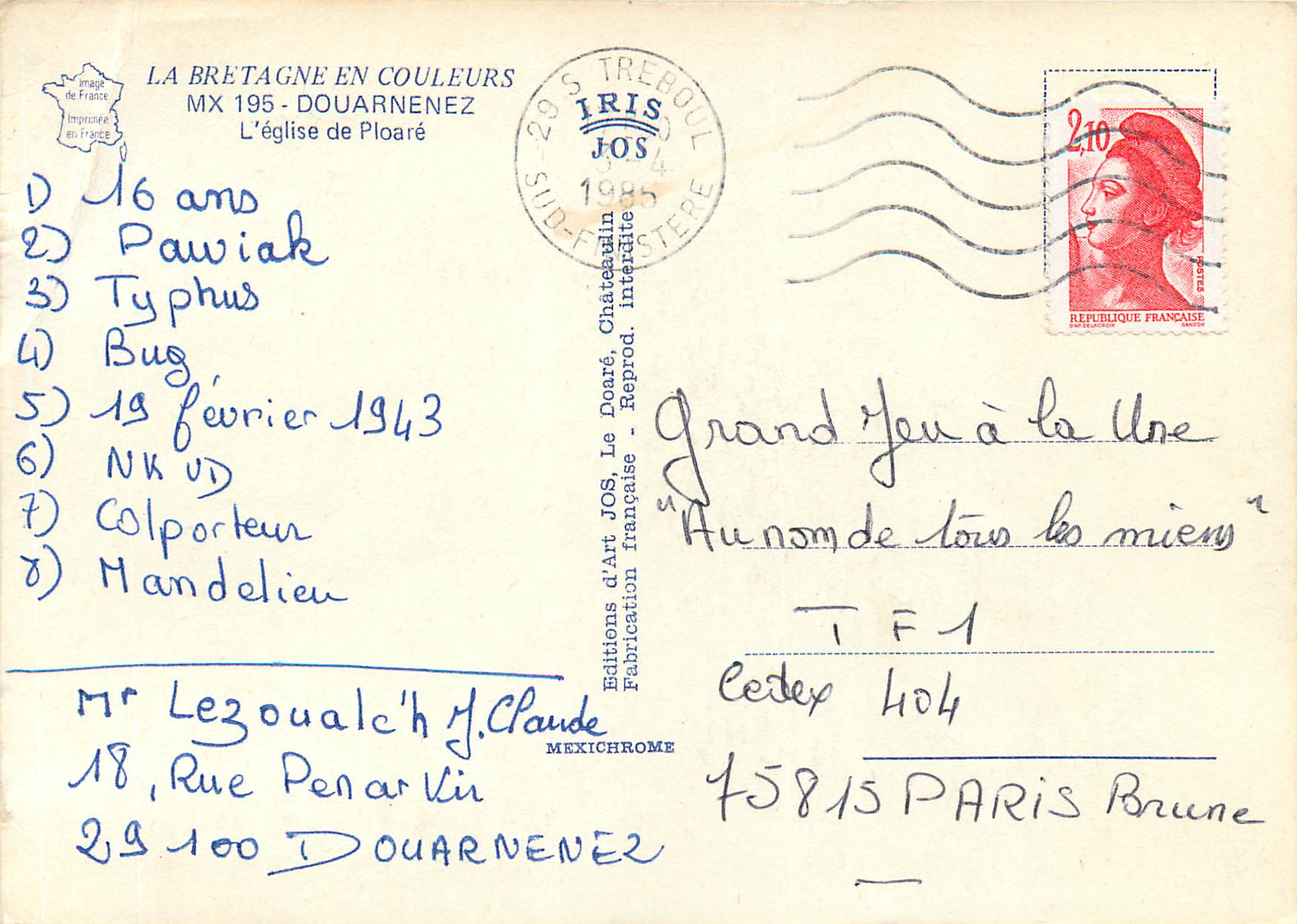 CPM Le Bretagne en Couleurs Douarnenez L'eglise de Ploare — Rückseite