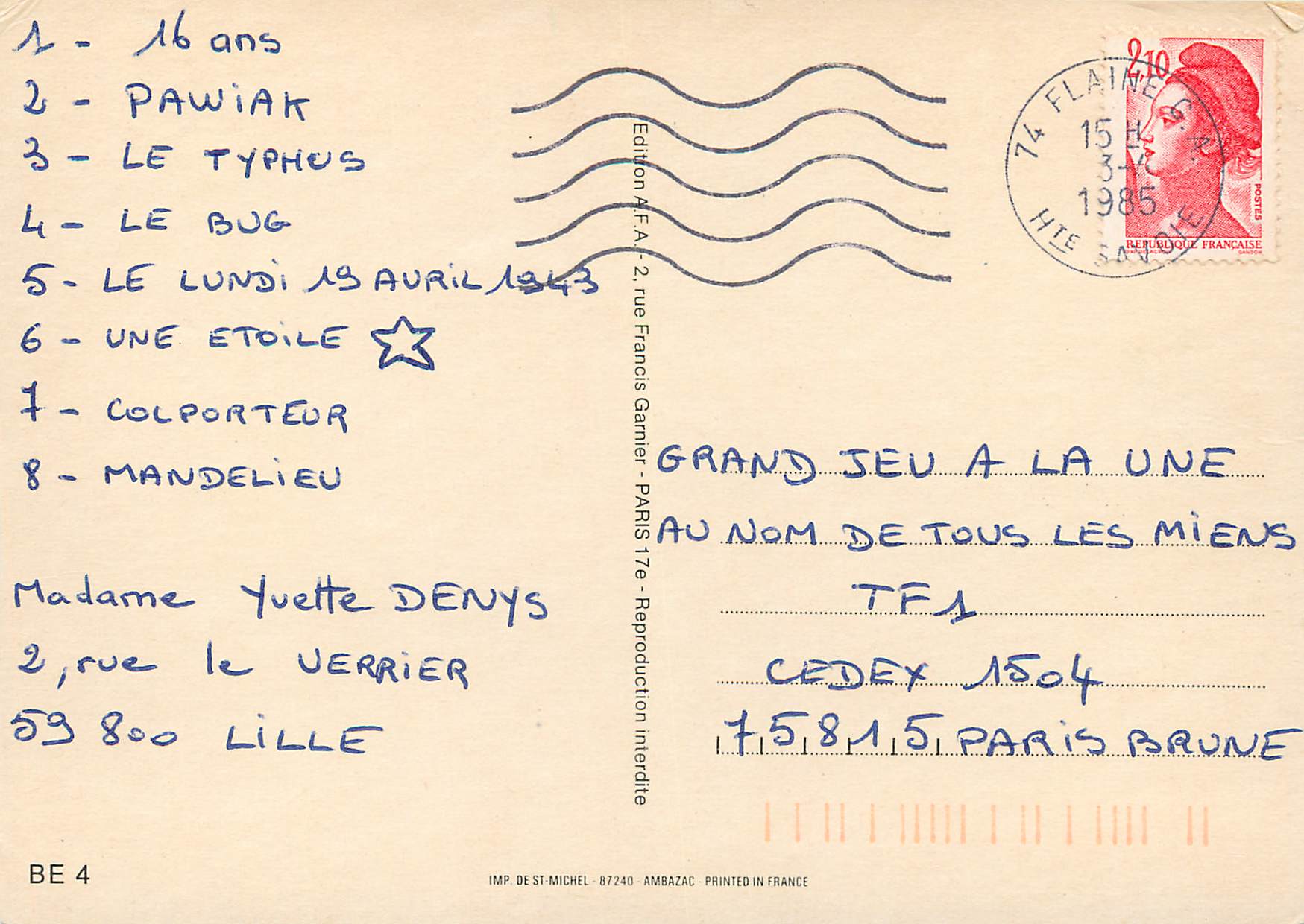 CPM Fleurs — Verso
