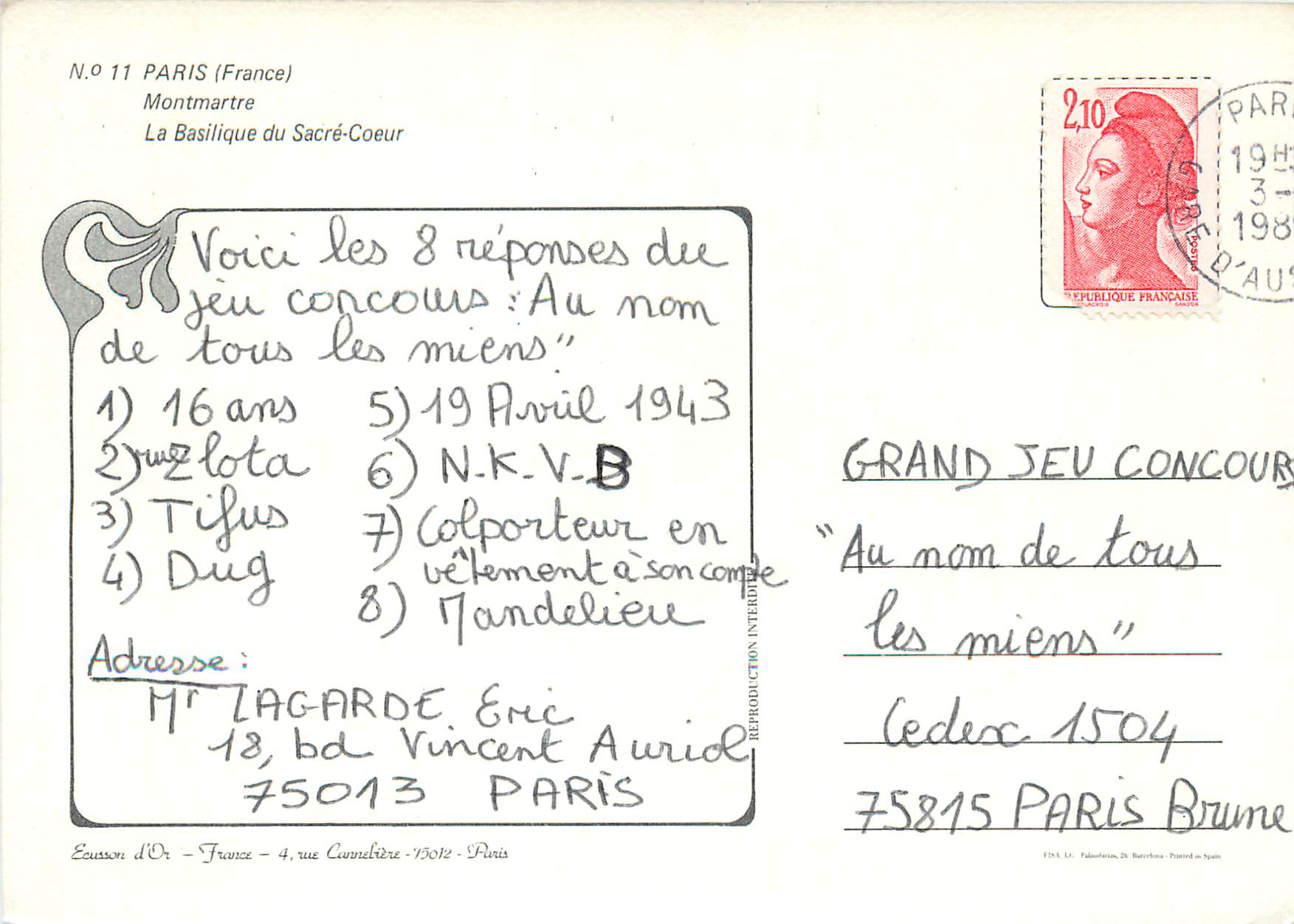 Montmartre — La Basilique du Sacré-Cœur — Éditeur Ecaussin d'Or, N°11 — Verso