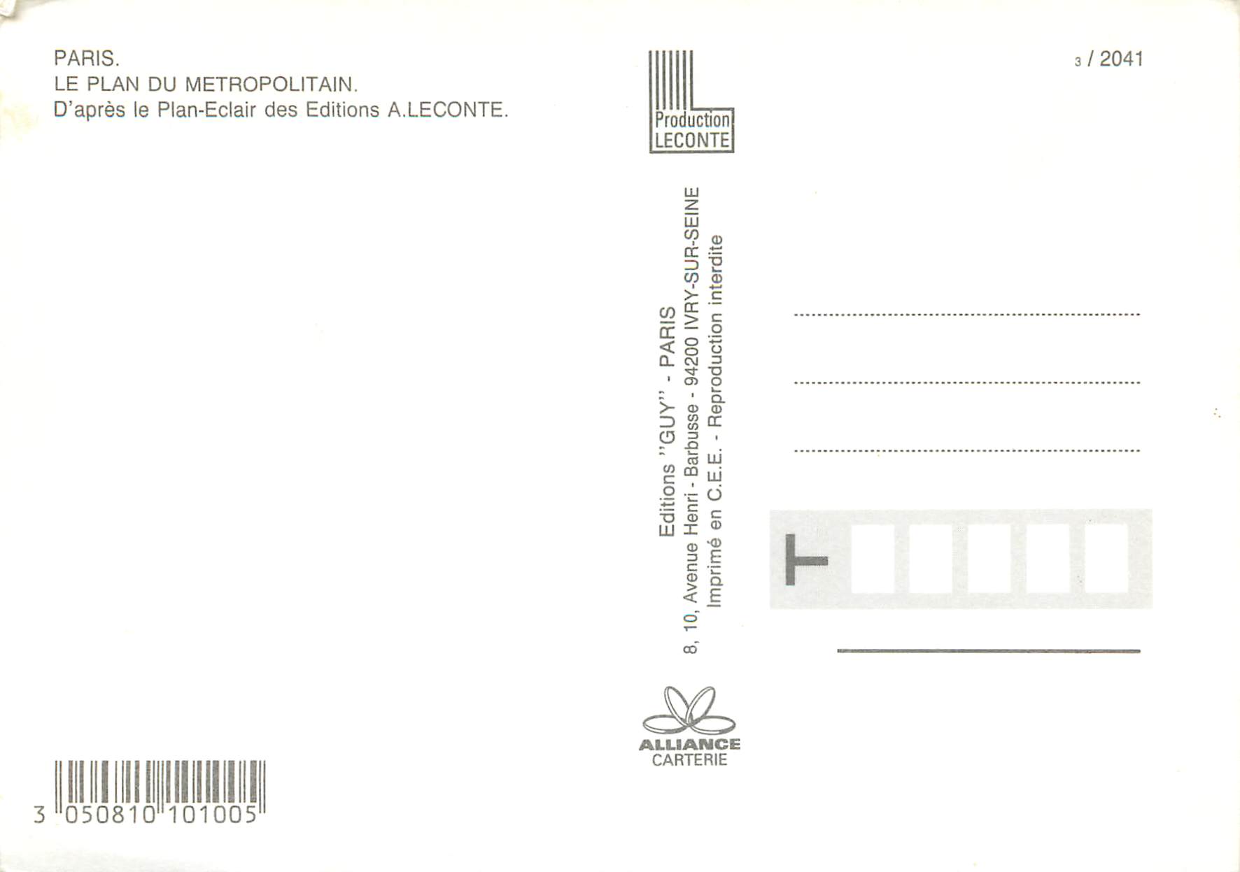 CPM Paris Le Plan du Metropolitan Metro — Verso