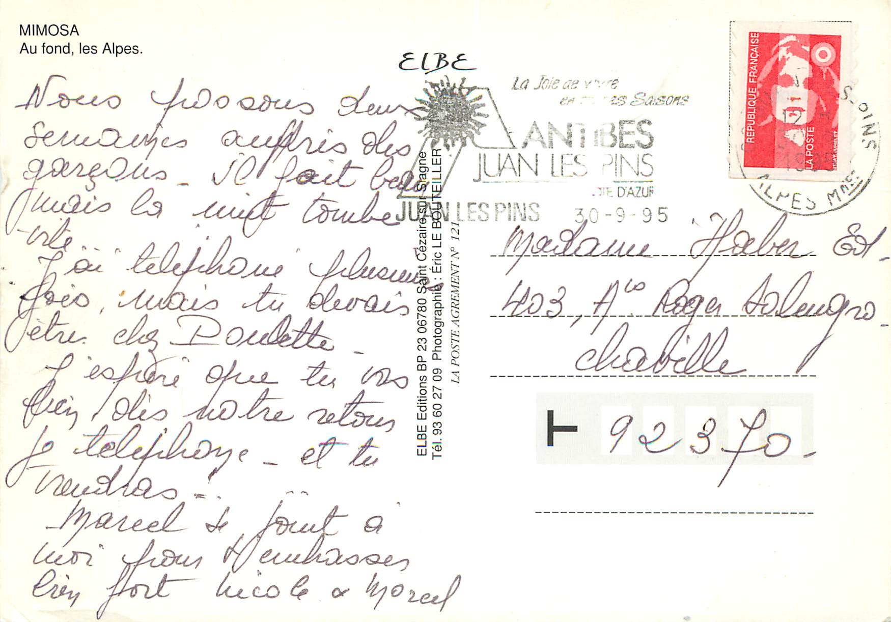 CPM Mimosa Au fond les Alpes — Verso
