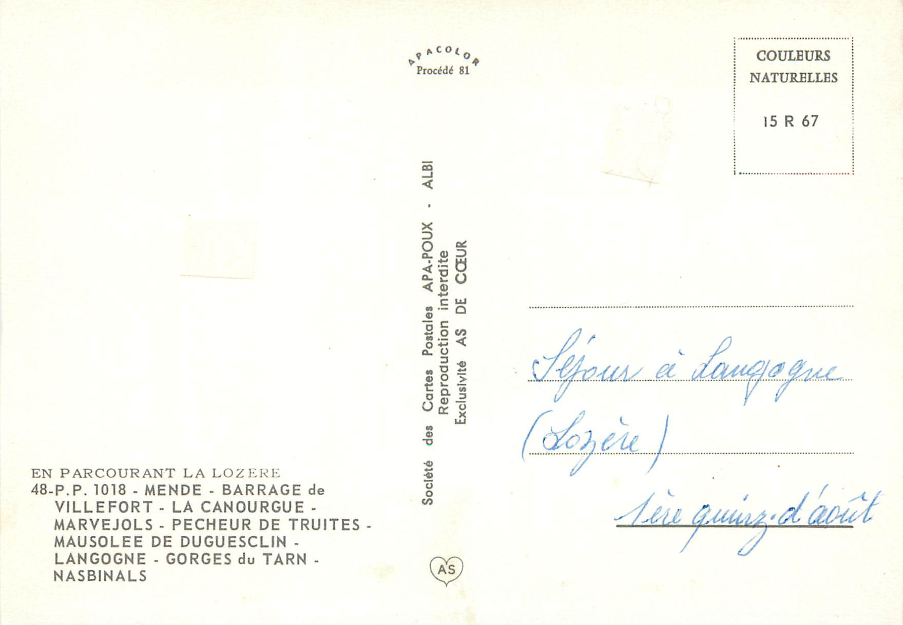 CPM Lozere Mende Barrage de Villefort — Rückseite