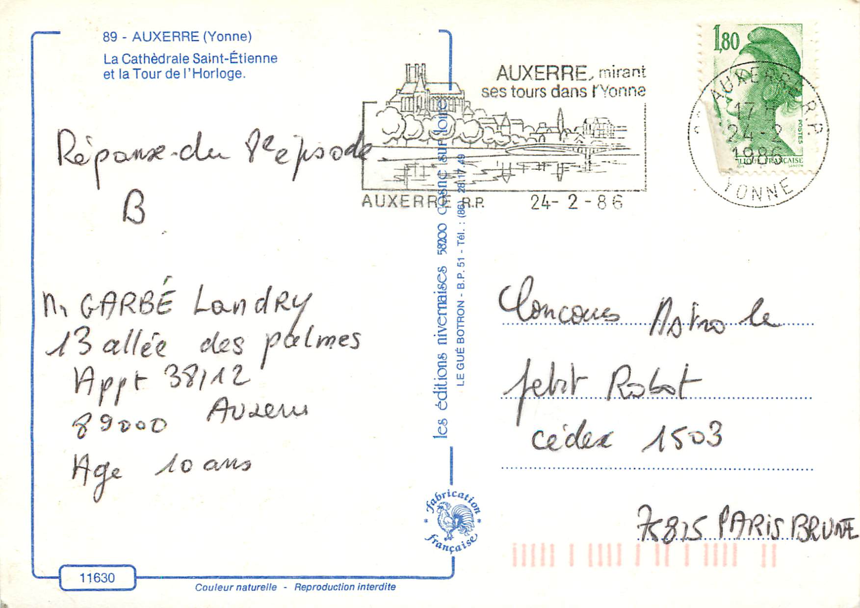 CPM Auxerre (Yonne) La Cathedrale Saint-Etienne et la Tour de l'Horloge — Rückseite