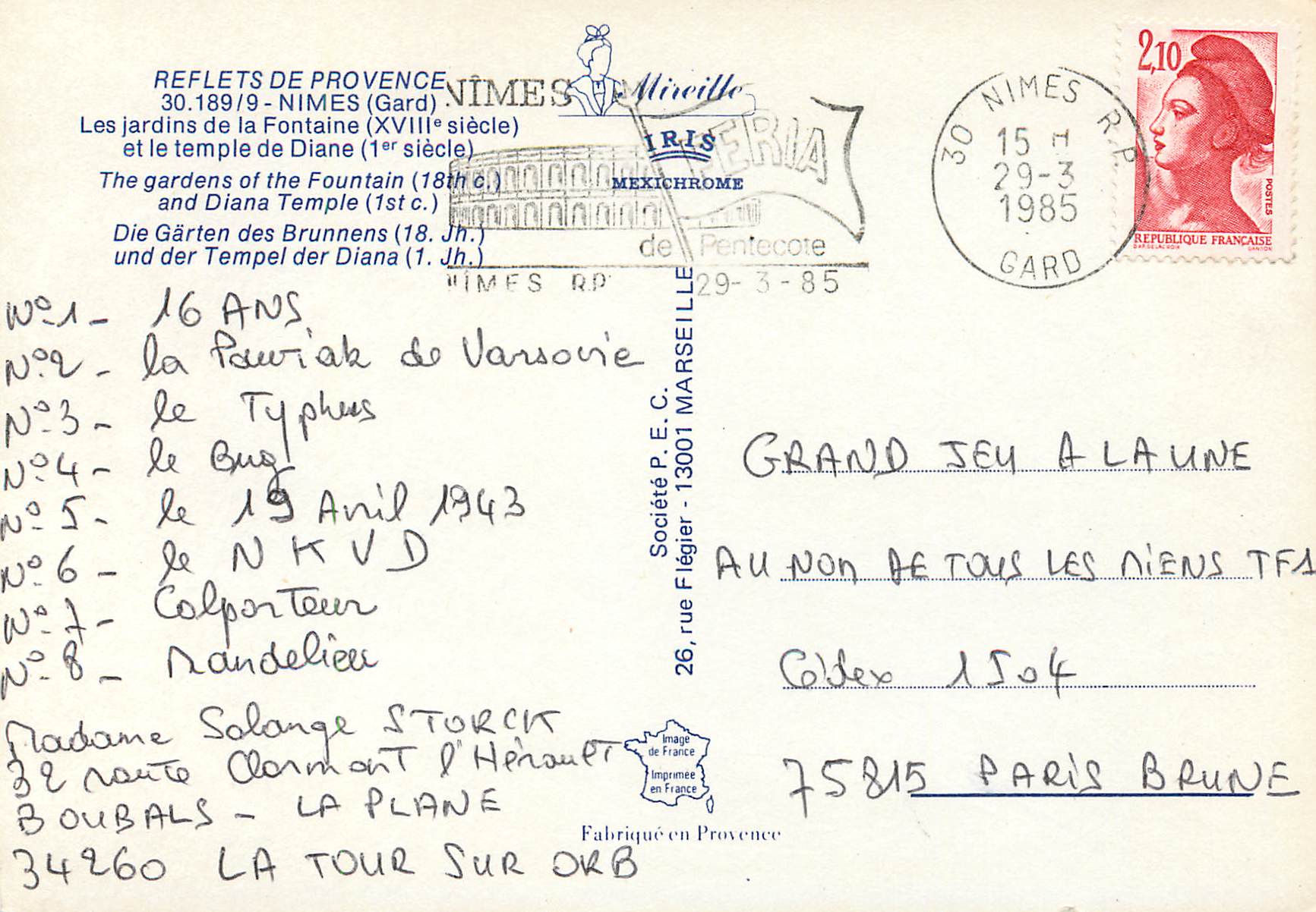 Les jardins de la Fontaine et le temple de Diane — Nîmes — Société P.E.C. - 30.189/9 — Rückseite