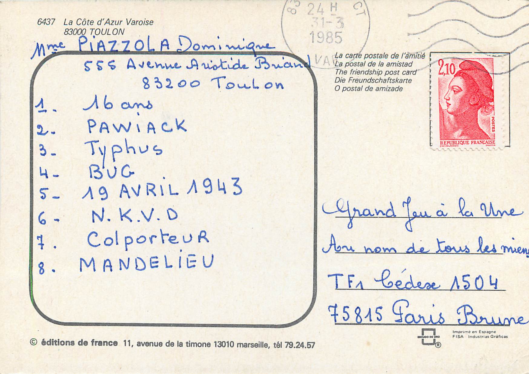 Toulon — fleurs de mimosa et port — éditions de France — Verso