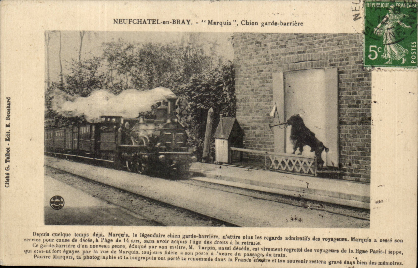 Neufchatel-en-Bray- Marquis Chien garde-barriere-train- trompette-CPA