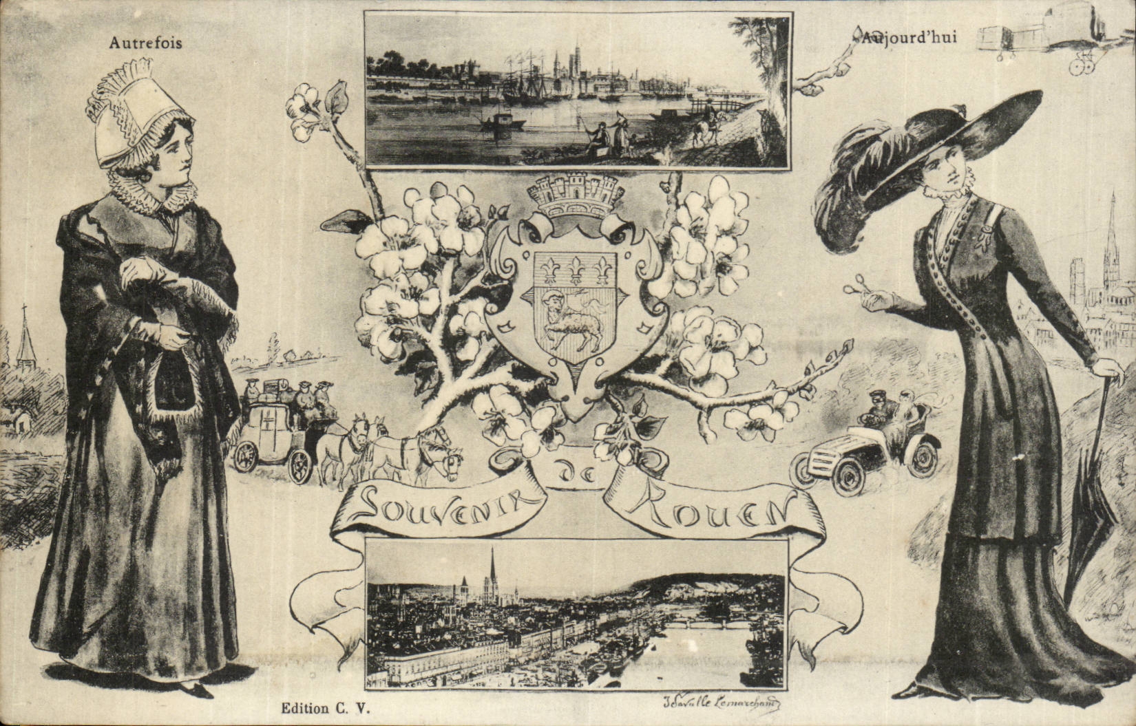 Rouen- Souvenir de Rouen- Autrefois-Aujourd'hui-Automobile-Cheval -CPA