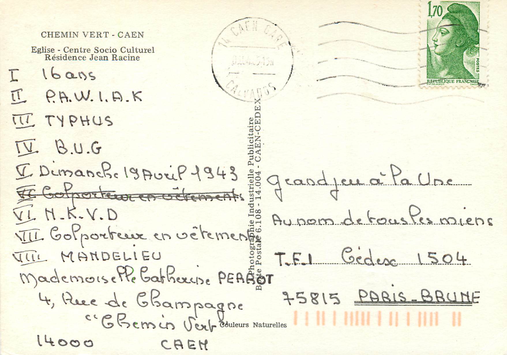 CPM Chemin vert Caen eglise centre socio culturel residence jean racine — Verso