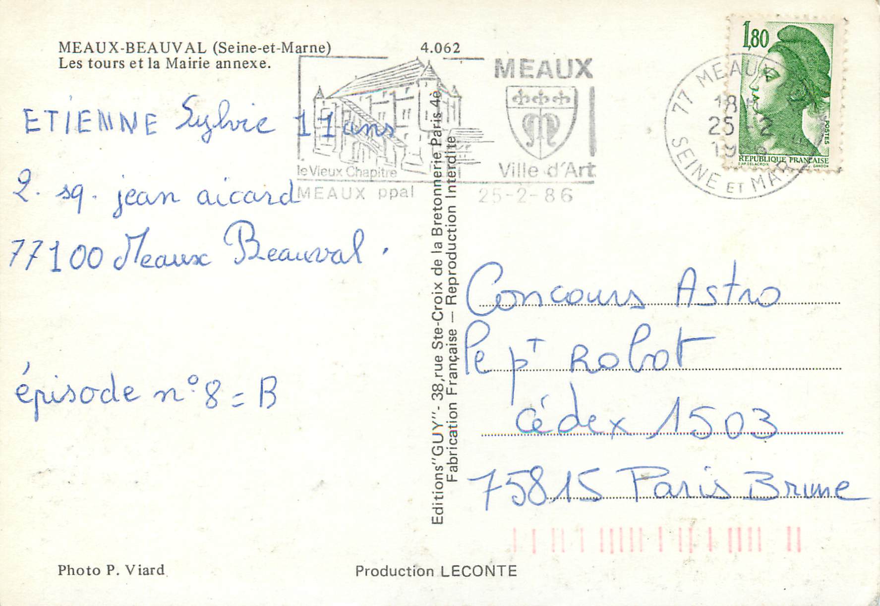CPM Meaux Beauval (Seine et marne) les tours et ma mairie annexe — Verso