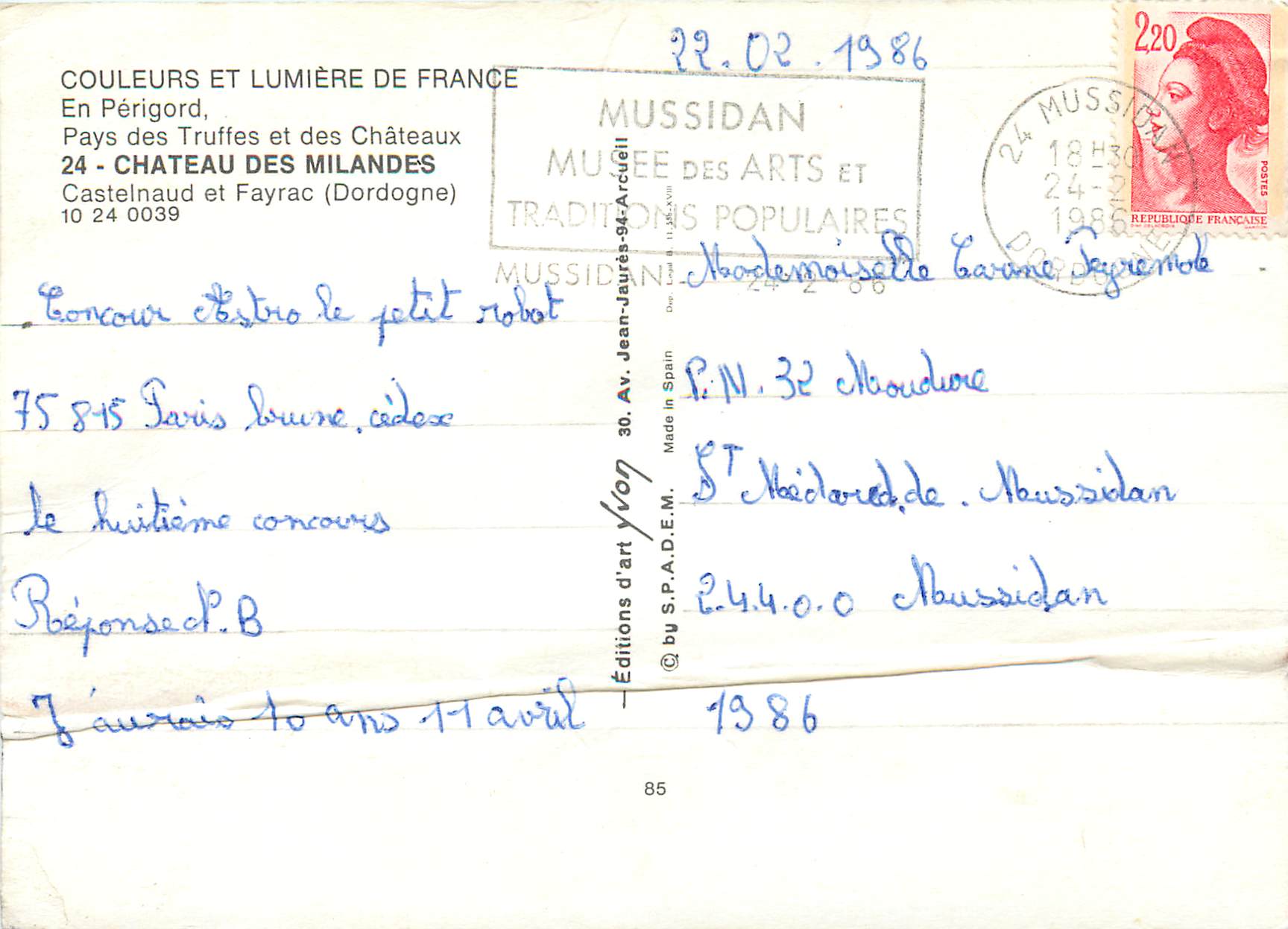 CPM COuleurs et lumuere de France en Perigord paus des truffes et des chateau chateau des milandes castelnaud et fayrac — Verso