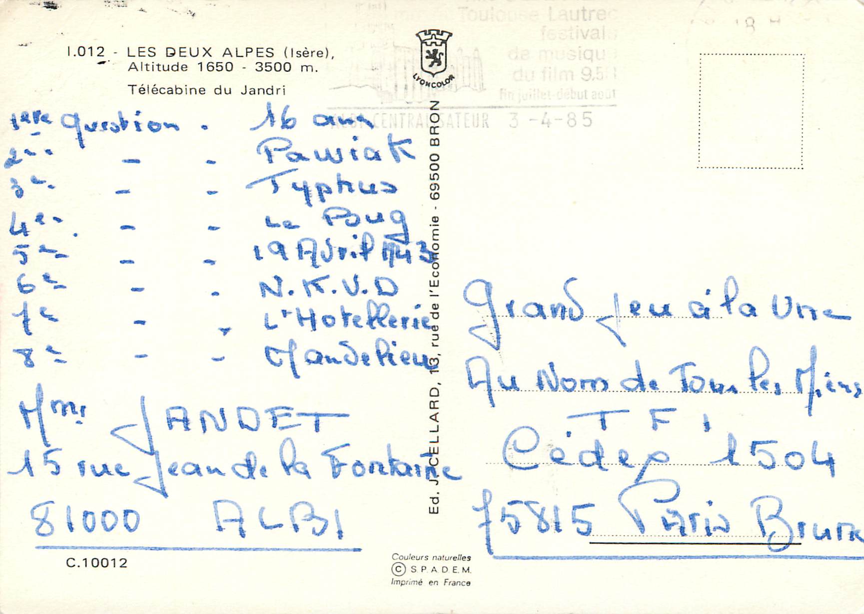 The Two Alps (Isère) — Cable Car of Jandri — Publisher SPADÈM No. C.10012 — Back
