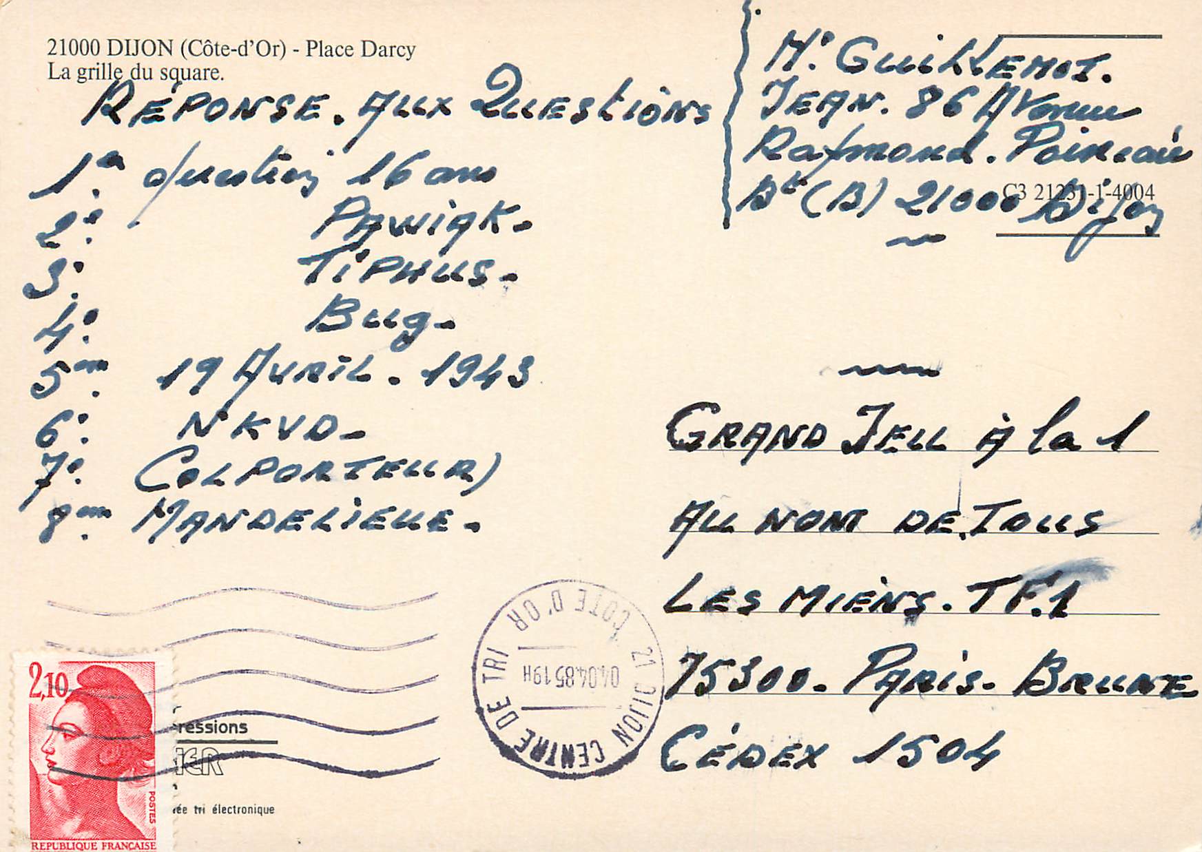 CPM Dijon (Cote d'Or) Place darcy la grille du square — Verso