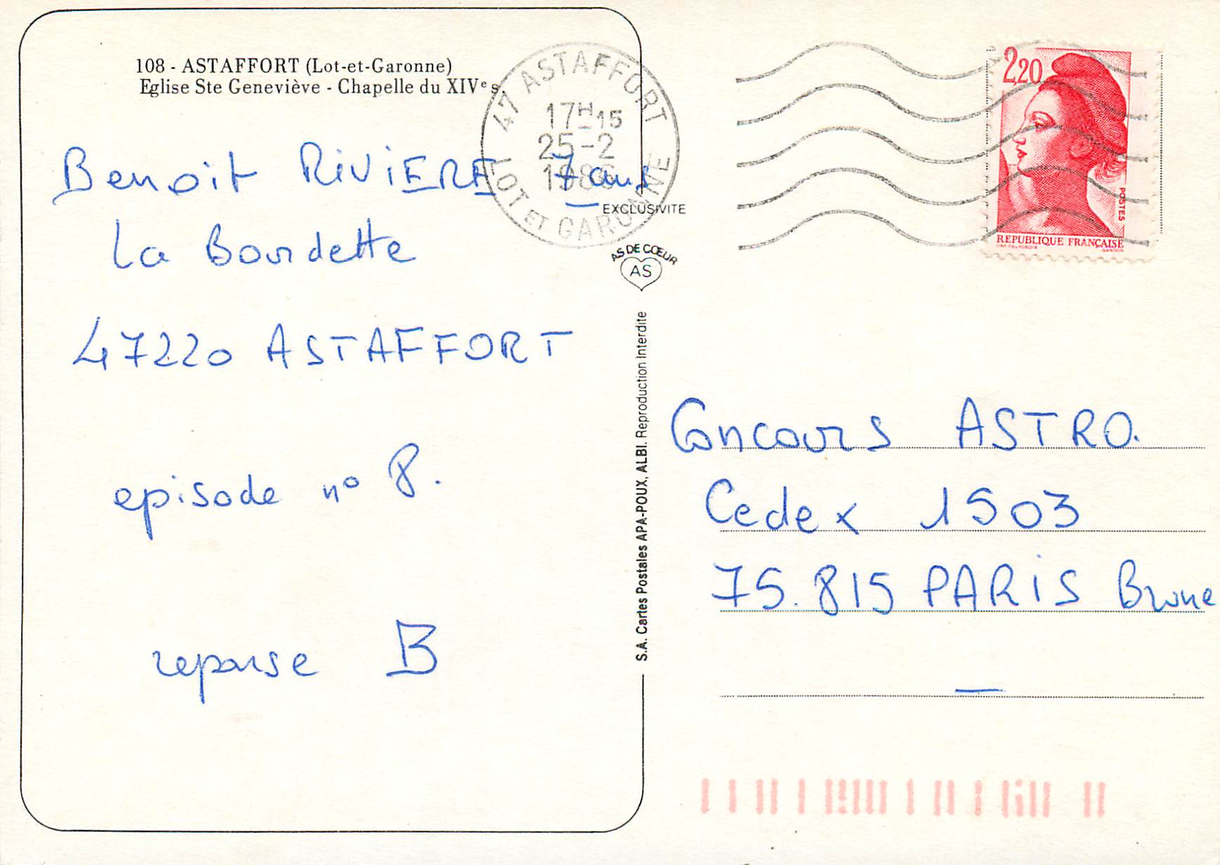 CPM Astaffort (Lot et G) eglise ste geneviere chapelle du XIVe s — Rückseite