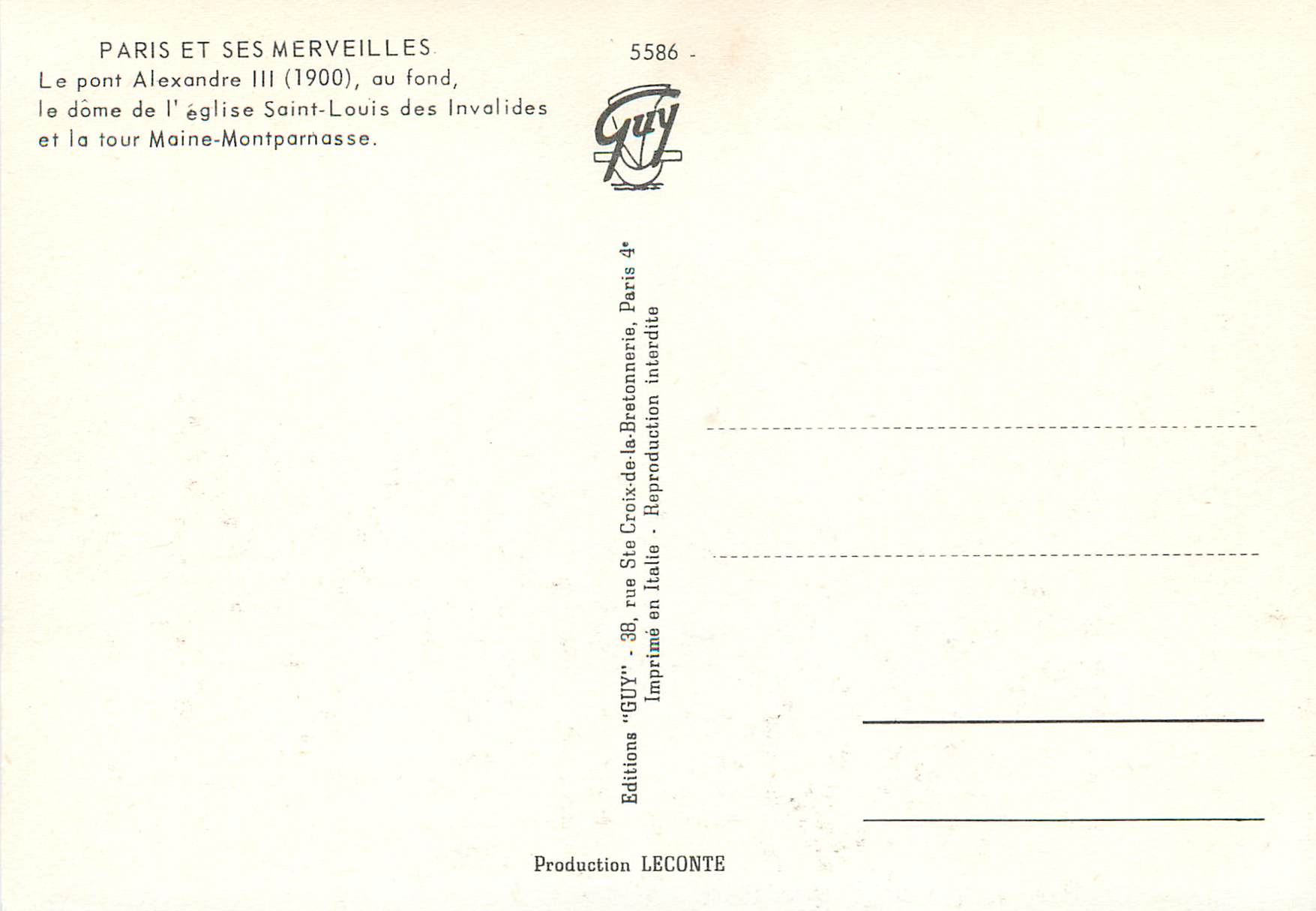 Pont Alexandre III — Paris et ses merveilles — Éditions GUY — Verso