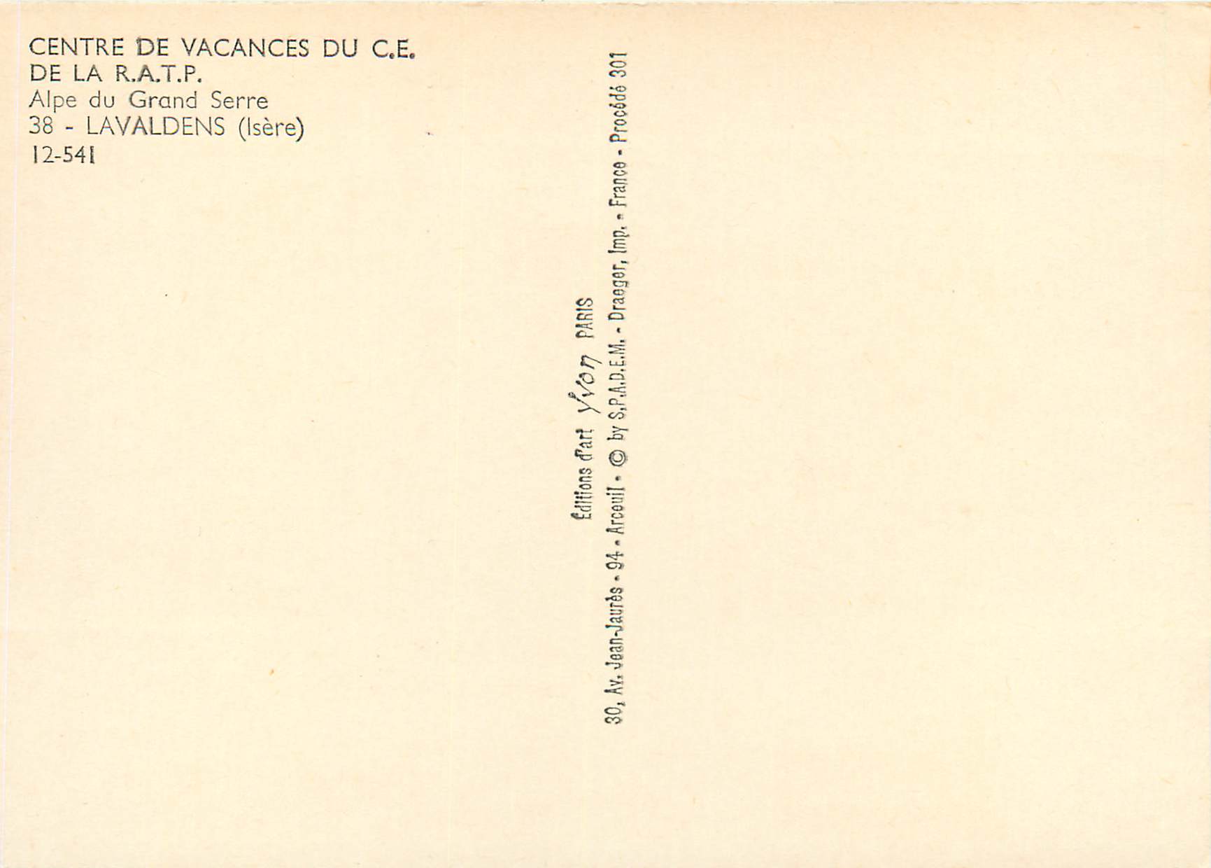 Centre de vacances du C.E. de la R.A.T.P. — Alpe du Grand Serre — 38 - Laval dens (Isère) — Éditions d'Art Arceuil — Rückseite