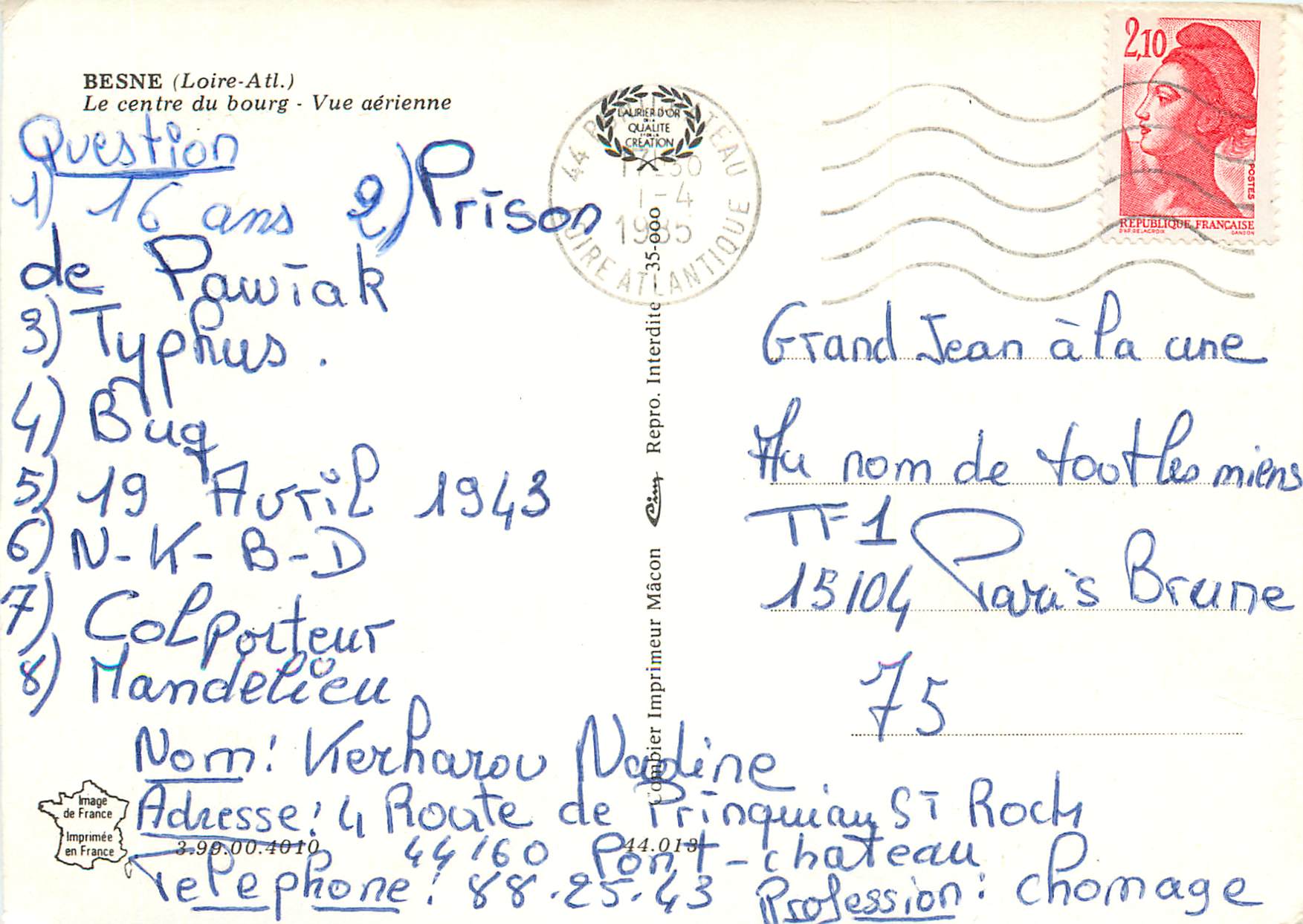 CPM Besne (L A) le centre du bourg vue aerienne — Rückseite