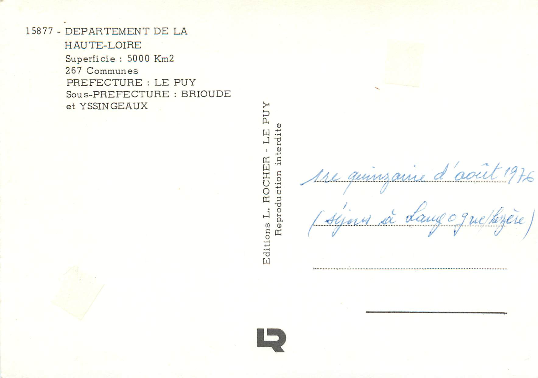 CPM Departement de la Hte Loire superficie 5000 km2 267 communes — Rückseite