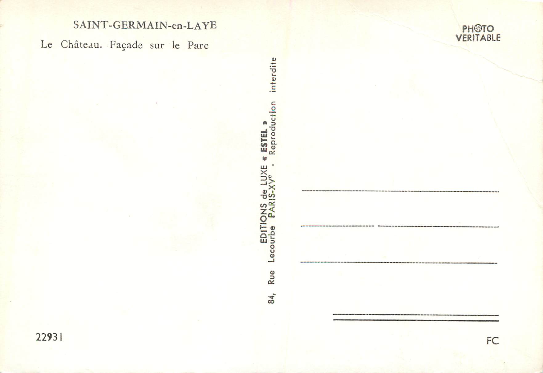 CPM Saint Germain en Laye le chateau facade sur le parc — Back