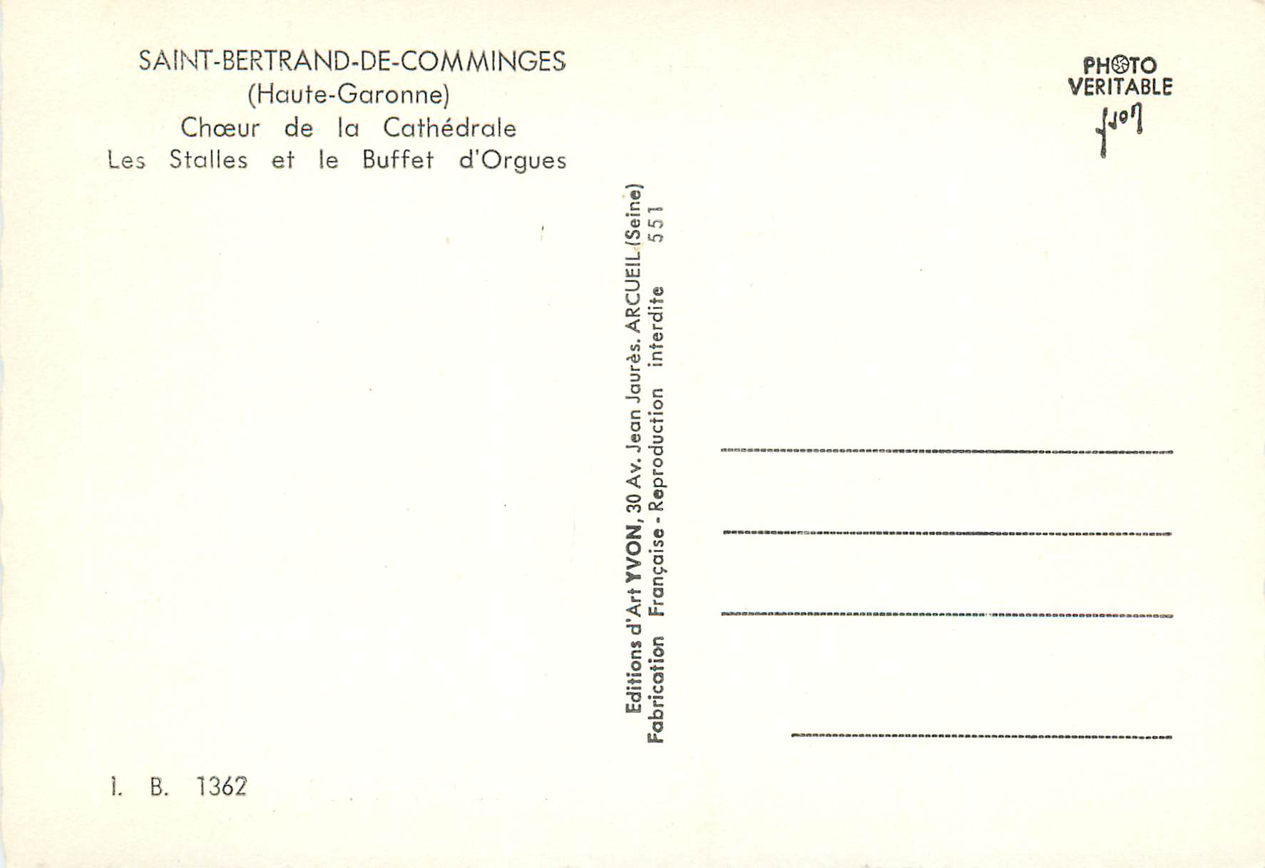 CPM Saint bertrand de comminges (Haute Garonne) choeur de la cathedrale les stalles et le buffet d'orgue — Verso