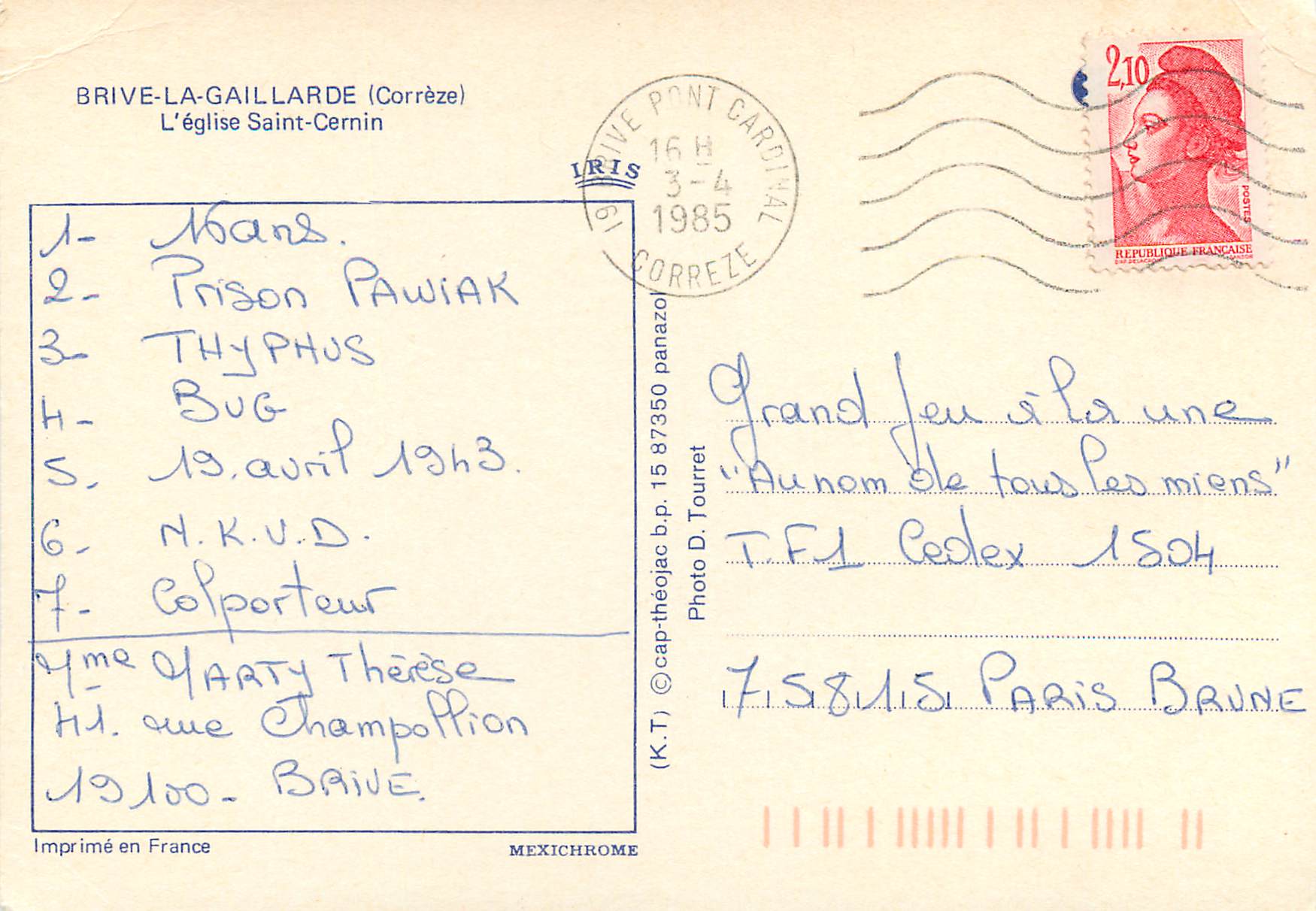 CPM Brive la gaillarde (Correze) l'eglise saint Cernin — Verso