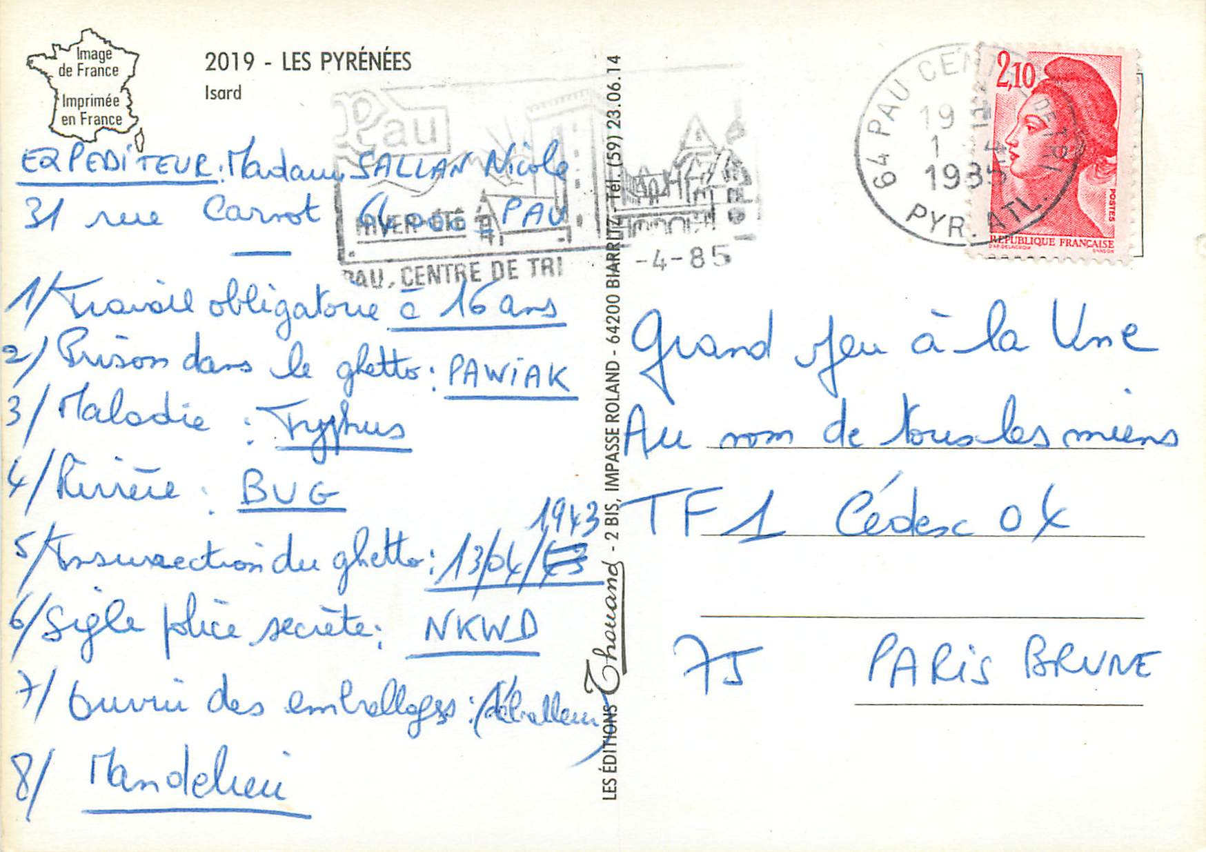 CPM Les Pyrenees Isard — Back