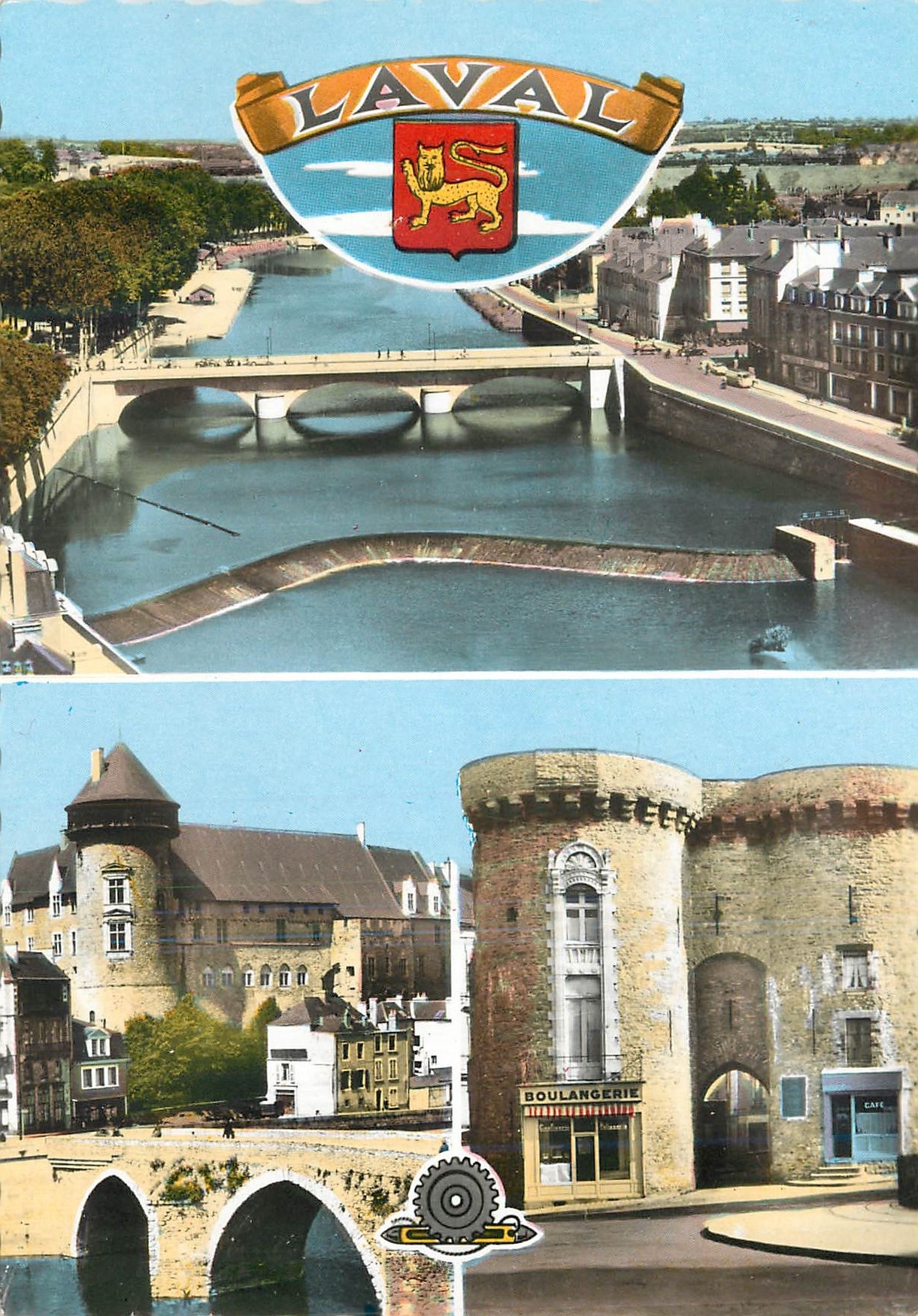 La Vallée de la Mayenne — Panorama sur la Mayenne, Le Vieux Pont et le Château — La Porte Beucheresse — Éditeur : GEORGET-DOLBEAU